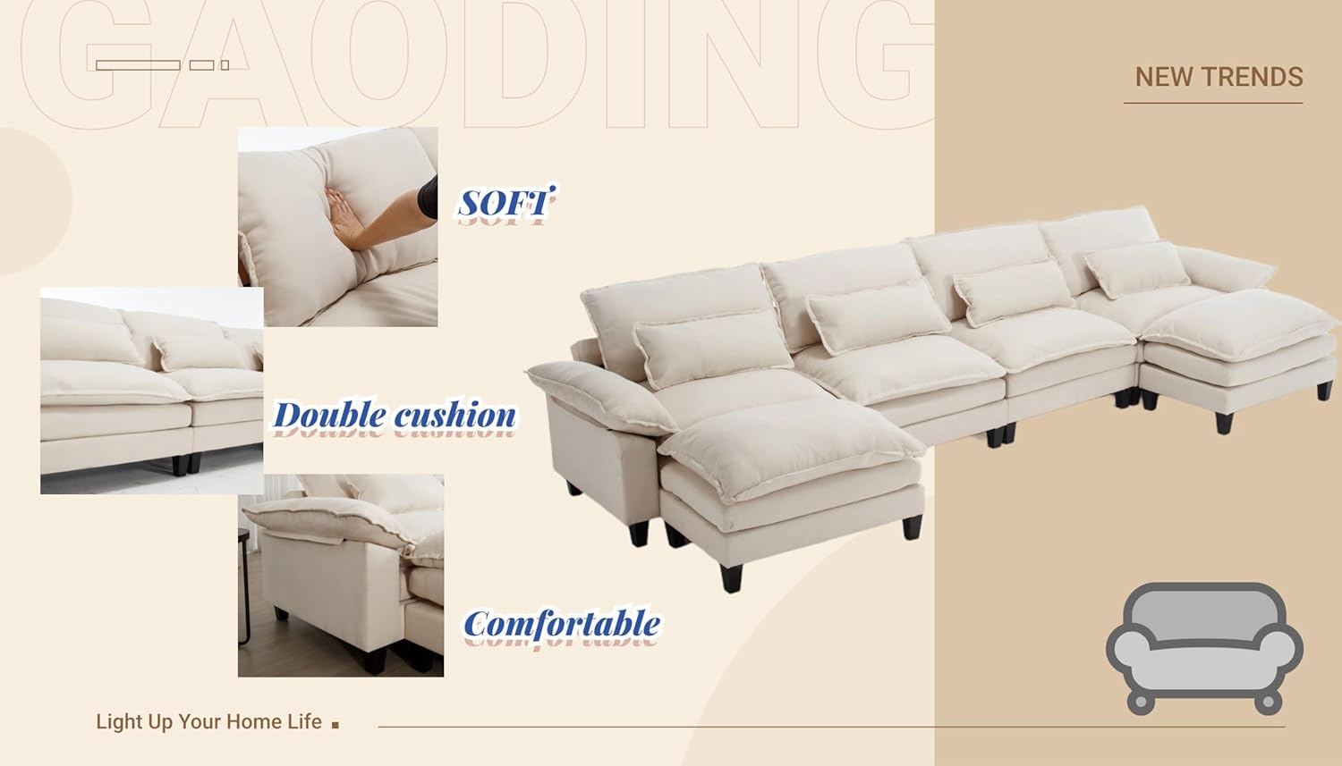 EMKK 154 Großes modulares Sofa, Ice Velvet Große U-förmige Couch, bequemes, gepolstertes 4-Sitzer-Sofa mit 2 Ottomanen, 4 Lendenkissen, Tiefsitzsofa für Wohnzimmer, bequeme Cloud-Sofas