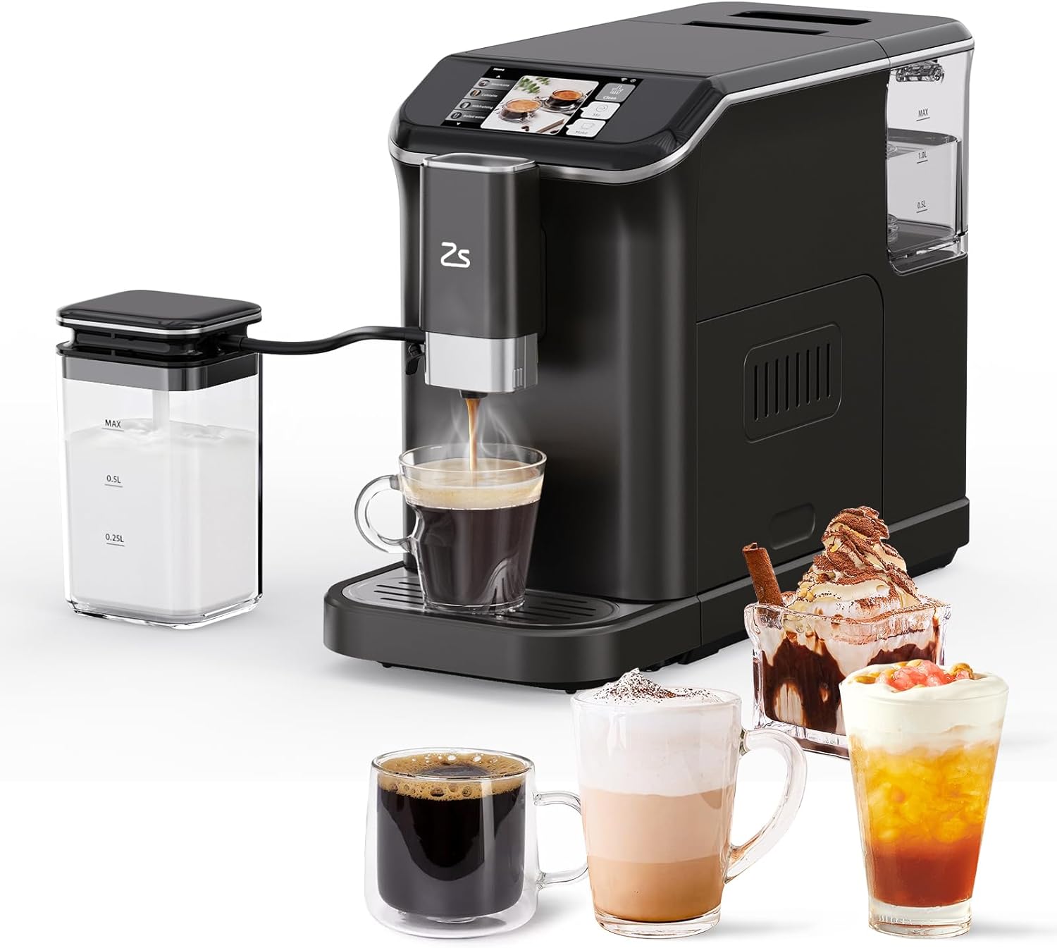 Zstar Automatic Espresso  Coffee Machine Bundle with Automatic Milk Frother, Built-in Grinder, 7 Coffee Varieties, Color Touch Display, Espresso Machine for Home Barista