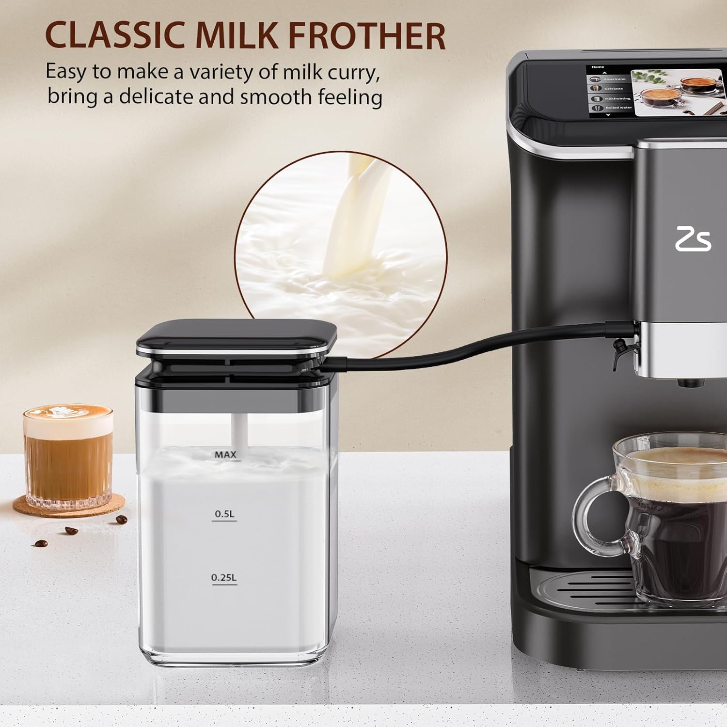 เครื่องชงกาแฟเอสเพรสโซอัตโนมัติ Zstar พร้อมเครื่องตีฟองนมอัตโนมัติ เครื่องบดในตัว กาแฟ 7 ชนิด จอสัมผัสสี เครื่องชงกาแฟเอสเพรสโซสำหรับบาริสต้าที่บ้าน
