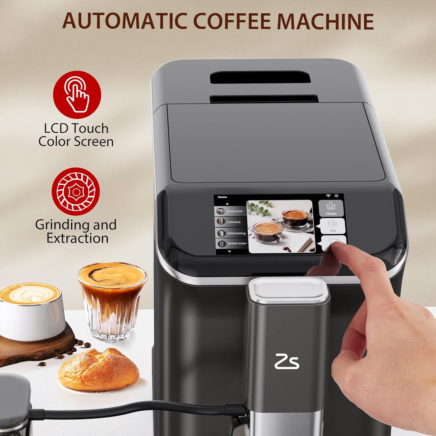 เครื่องชงกาแฟเอสเพรสโซอัตโนมัติ Zstar พร้อมเครื่องตีฟองนมอัตโนมัติ เครื่องบดในตัว กาแฟ 7 ชนิด จอสัมผัสสี เครื่องชงกาแฟเอสเพรสโซสำหรับบาริสต้าที่บ้าน