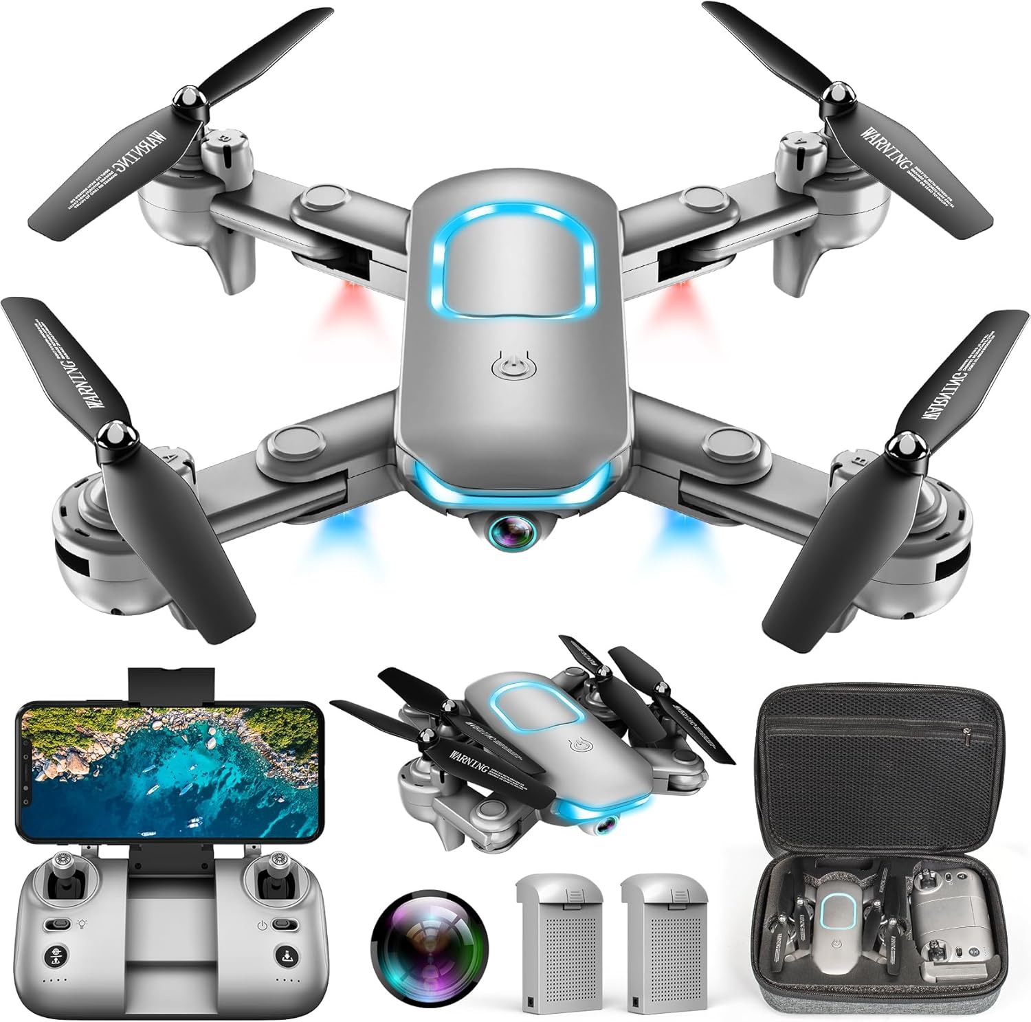 Drone avec caméra - Drone pliable pour débutants avec caméra FPV 1080P, maintien de l'altitude, selfie gestuel, waypoint fly, mode tête, retournement 3D, démarrage par une touche, mode 3 vitesses, vol circulaire, 2 batteries