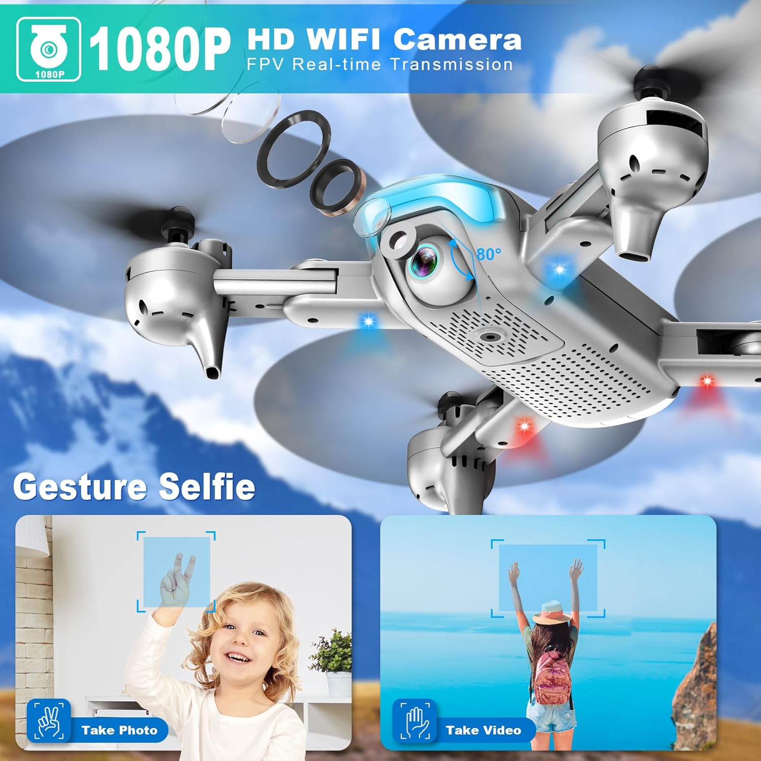Drone avec caméra - Drone pliable pour débutants avec caméra FPV 1080P, maintien de l'altitude, selfie gestuel, waypoint fly, mode tête, retournement 3D, démarrage par une touche, mode 3 vitesses, vol circulaire, 2 batteries