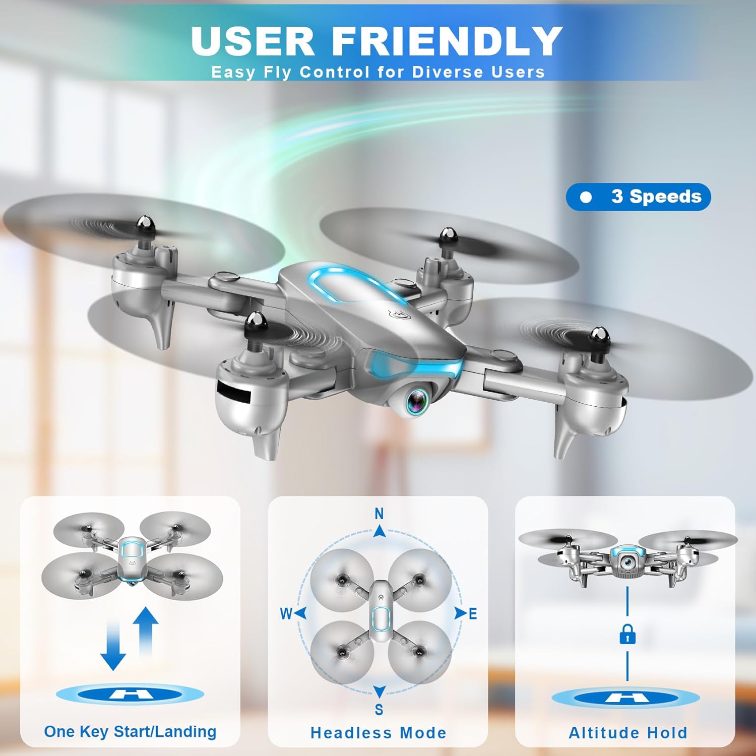 Drone avec caméra - Drone pliable pour débutants avec caméra FPV 1080P, maintien de l'altitude, selfie gestuel, waypoint fly, mode tête, retournement 3D, démarrage par une touche, mode 3 vitesses, vol circulaire, 2 batteries