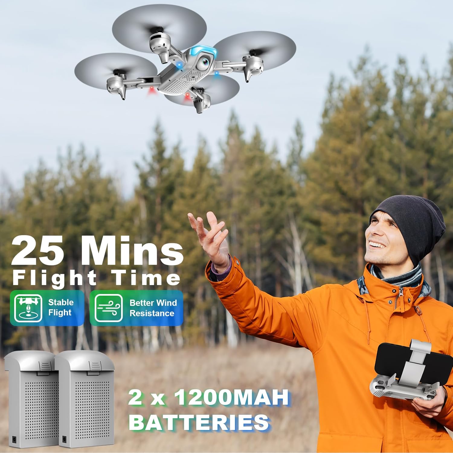 Drone avec caméra - Drone pliable pour débutants avec caméra FPV 1080P, maintien de l'altitude, selfie gestuel, waypoint fly, mode tête, retournement 3D, démarrage par une touche, mode 3 vitesses, vol circulaire, 2 batteries