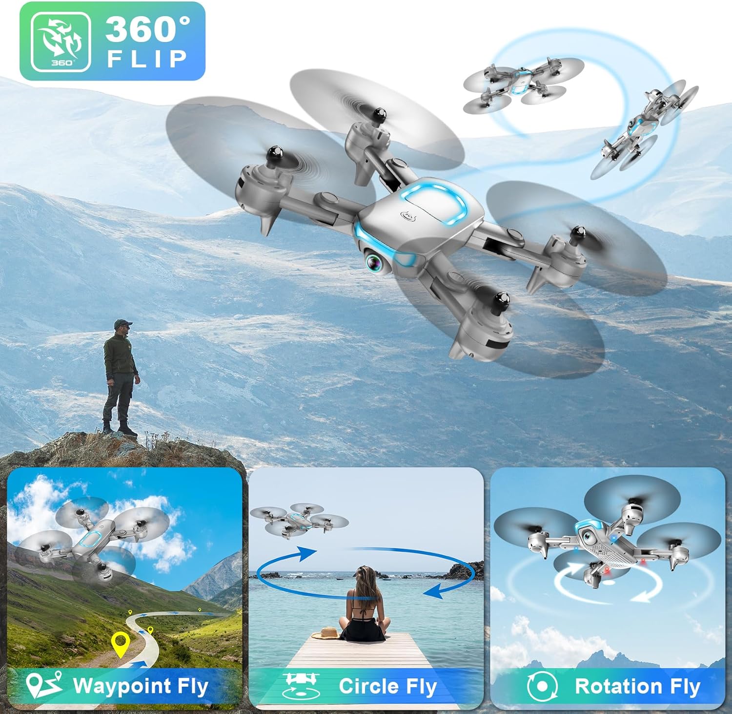 Drone avec caméra - Drone pliable pour débutants avec caméra FPV 1080P, maintien de l'altitude, selfie gestuel, waypoint fly, mode tête, retournement 3D, démarrage par une touche, mode 3 vitesses, vol circulaire, 2 batteries