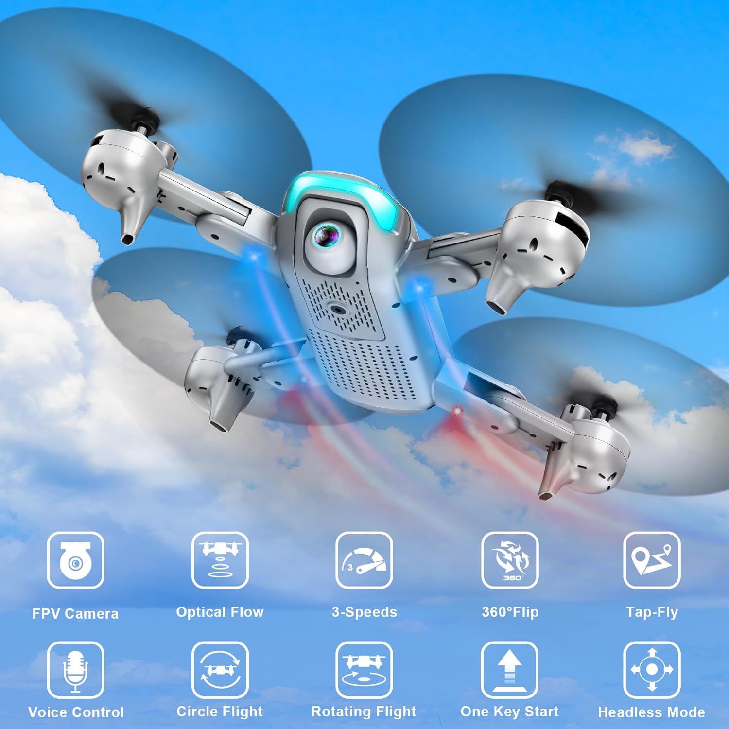 Drone avec caméra - Drone pliable pour débutants avec caméra FPV 1080P, maintien de l'altitude, selfie gestuel, waypoint fly, mode tête, retournement 3D, démarrage par une touche, mode 3 vitesses, vol circulaire, 2 batteries