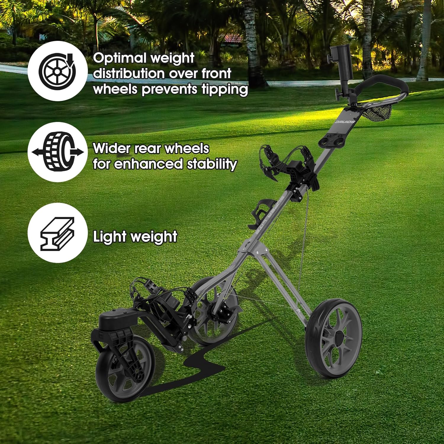 DRUIDS Golf 360 Push Cart : Light Weight Swivel Golf Cart with Umbrella Cup Holder,3 Wheel Walking Golf Cart with Brake, Fold up Golf Caddy, Portable Golf Rolling Cart · v5