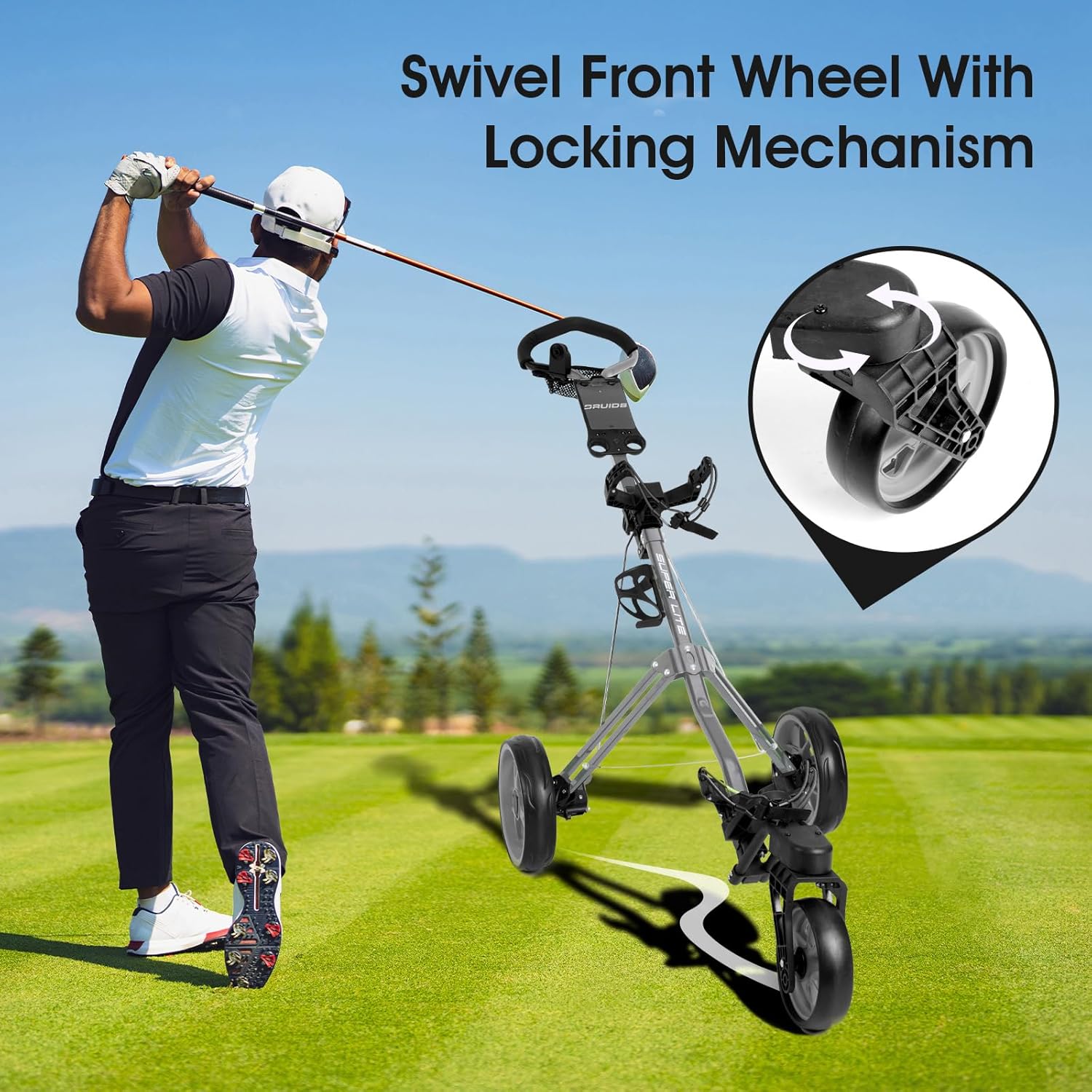 DRUIDS Golf 360 Push Cart : Light Weight Swivel Golf Cart with Umbrella Cup Holder,3 Wheel Walking Golf Cart with Brake, Fold up Golf Caddy, Portable Golf Rolling Cart · v5