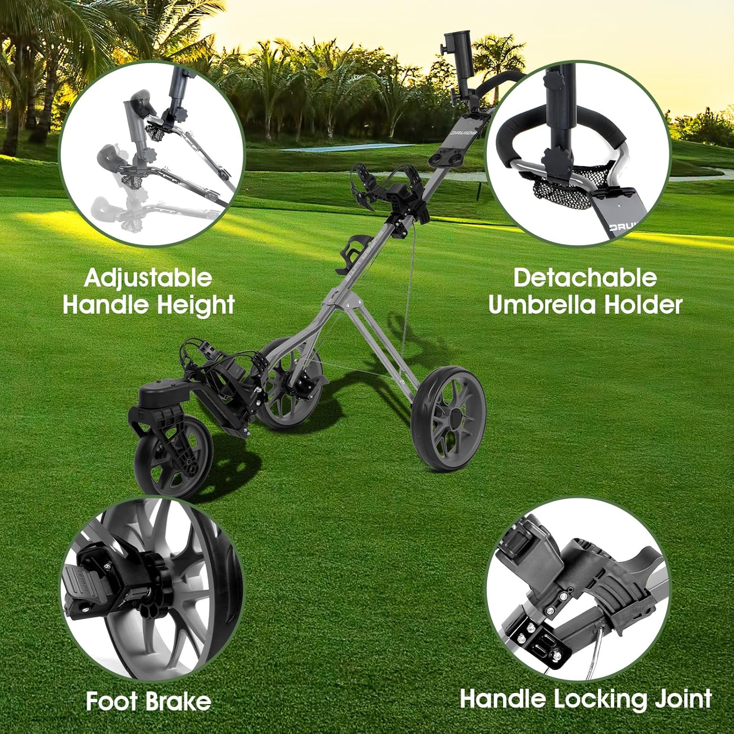 DRUIDS Golf 360 Push Cart : Light Weight Swivel Golf Cart with Umbrella Cup Holder,3 Wheel Walking Golf Cart with Brake, Fold up Golf Caddy, Portable Golf Rolling Cart · v5