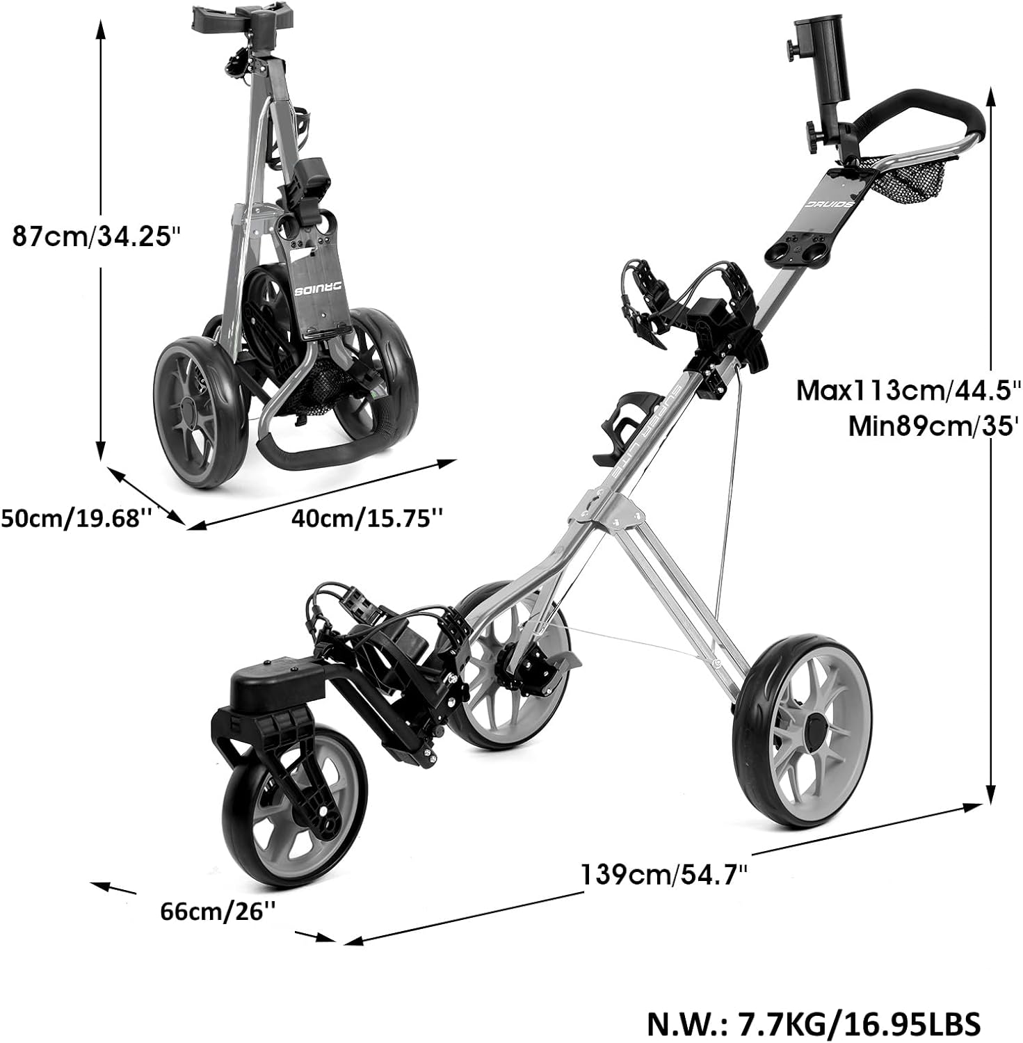 DRUIDS Golf 360 Push Cart : Light Weight Swivel Golf Cart with Umbrella Cup Holder,3 Wheel Walking Golf Cart with Brake, Fold up Golf Caddy, Portable Golf Rolling Cart · v5