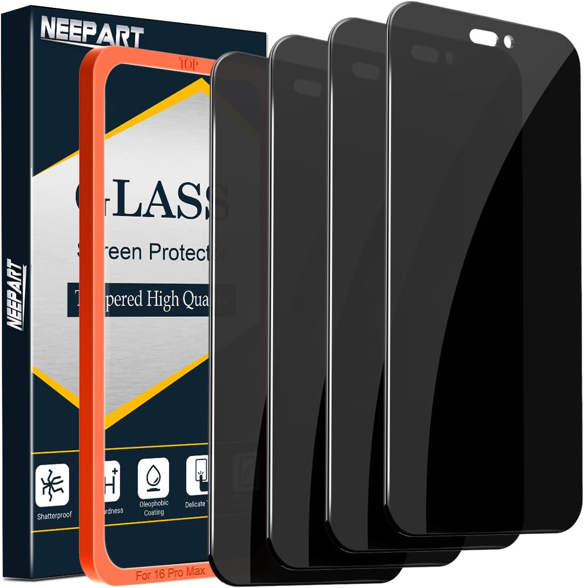 4 Pack Tempered Glass Privacy Screen Protector for iPhone 16 Pro Max [6.9 inch], Sensor Protection, Dynamic Island Compatible, 9H Tempered Glass Film, Anti-Scratch, Case Friendly, Easy Installation, Bubble Free, Case Friendly