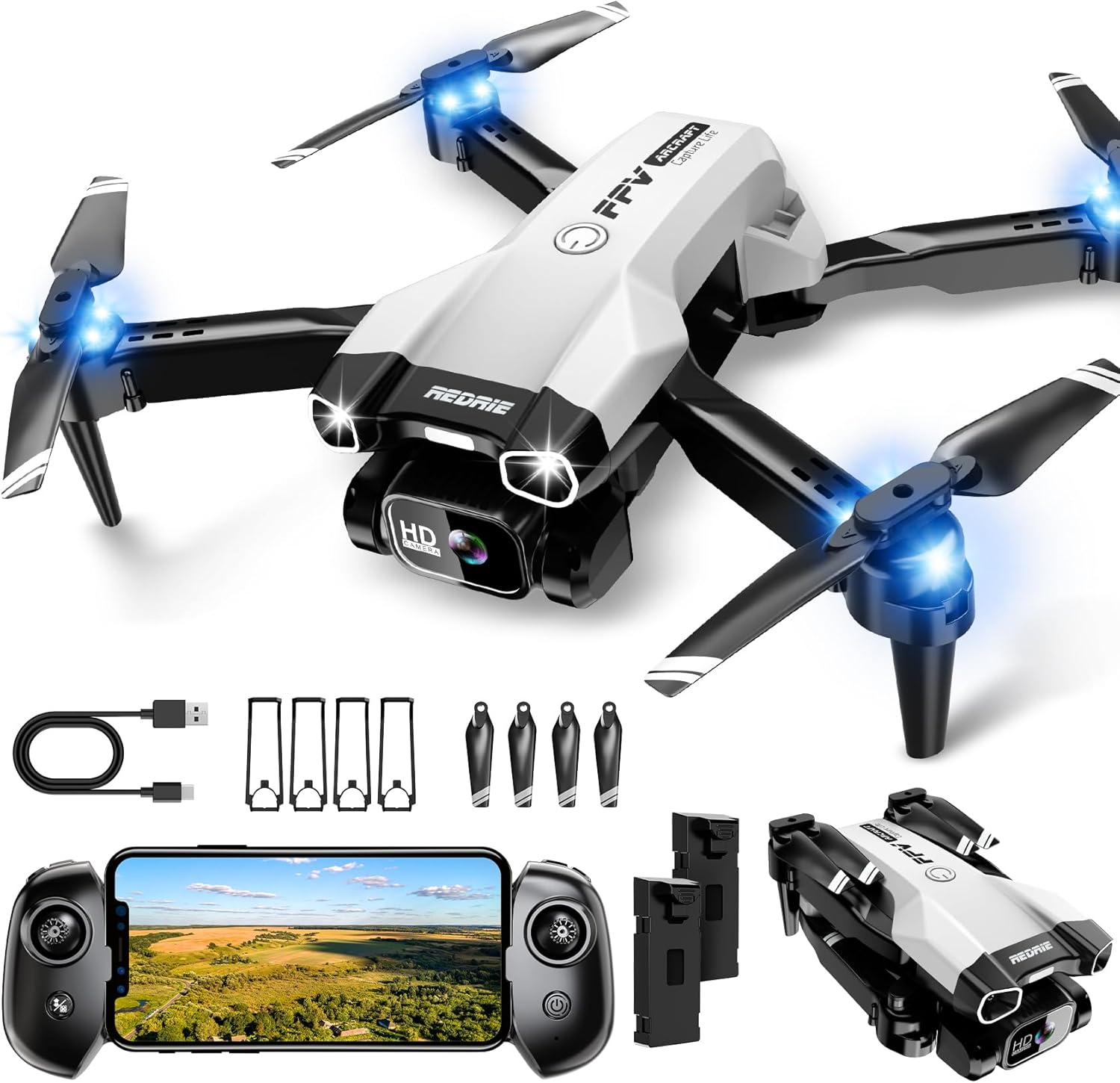 Mini-drone avec caméra - Drone pliable pour débutants avec caméra FPV 1080P, maintien de l'altitude amélioré, selfie gestuel, waypoint fly, mode tête sans tête, retournement 3D, démarrage par une touche, mode 3 vitesses, 2 batteries
