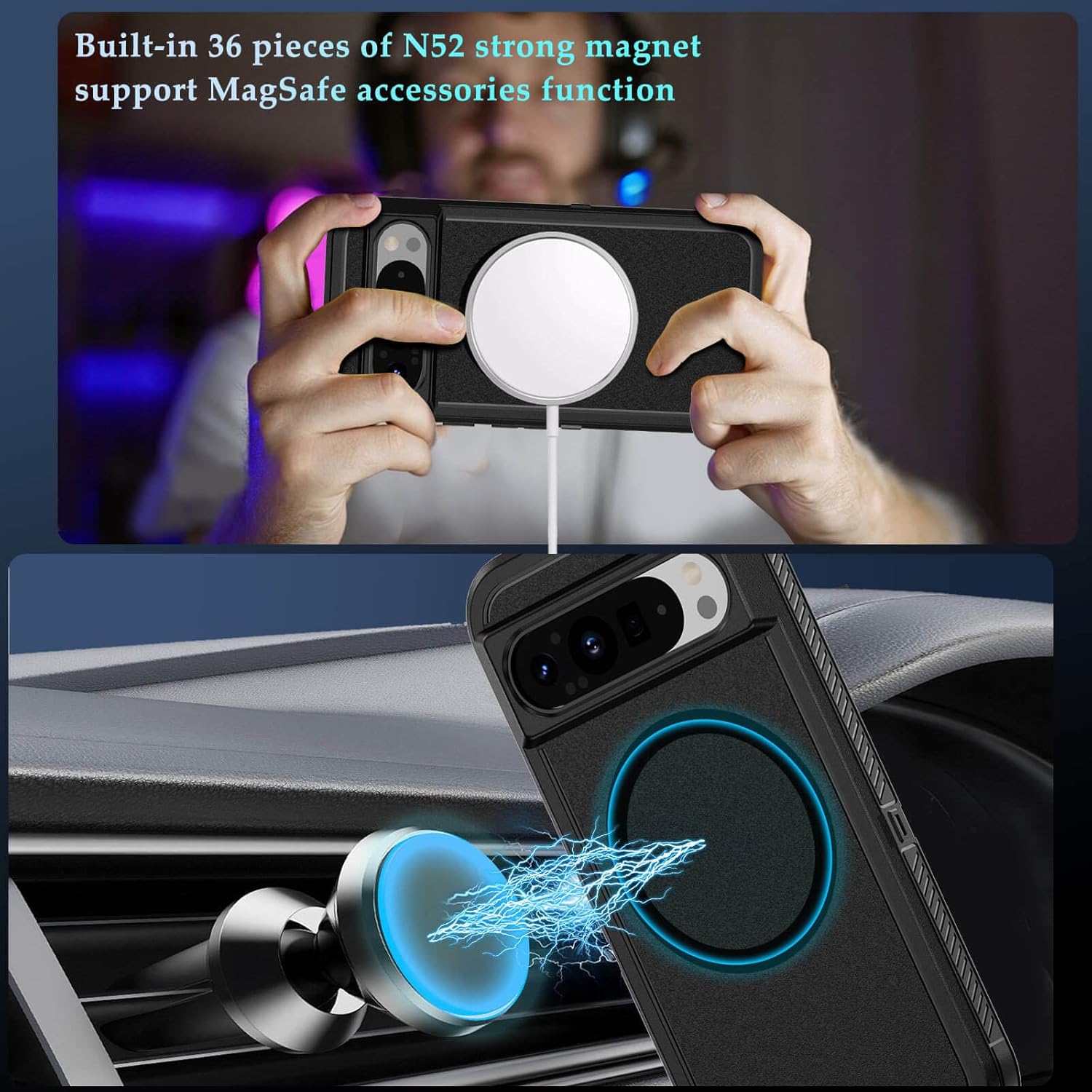 Ốp lưng JanCalm cho Pixel 9/Ốp lưng Pixel 9 Pro, Tương thích với MagSafe, Ốp lưng chống trượt, Ốp lưng điện thoại từ tính chống trầy xước, chống sốc cho Google Pixel 9/9 Pro (Đen)