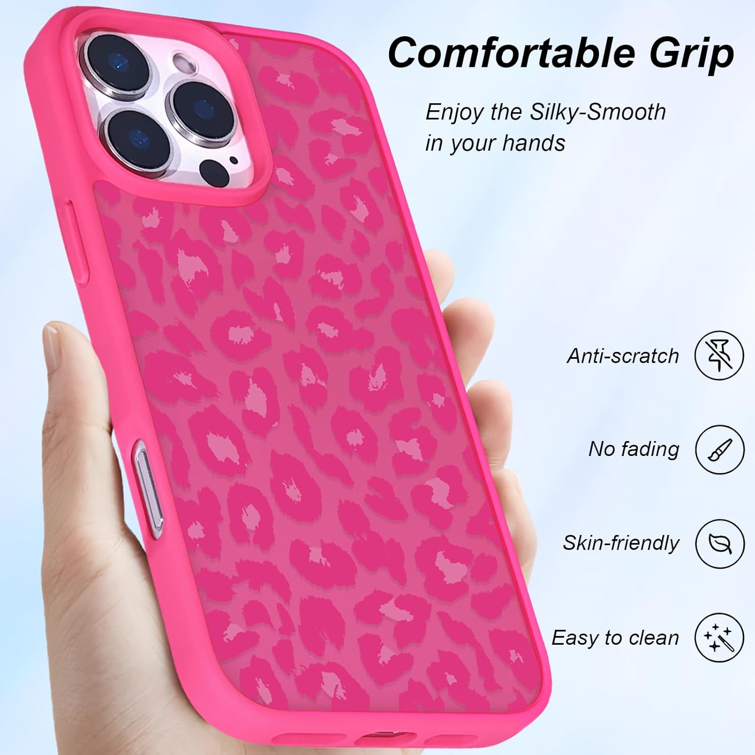 Cute for iPhone 16 Pro Case, Aesthetic Leopard Cheetah Pattern Slim Women Girls Translucent Matte Back Anti-Fingerprint Shockproof Protective Case for iPhone 16 Pro, Hot Pink
