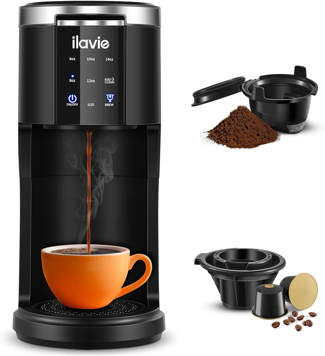 Cafetera 2 en 1 de una sola porción, cafetera K Cup de 40 oz para cápsulas K Cup y café molido, cafetera de una sola taza con 5 tamaños de preparación de hasta 14 oz, cafetera de diseño compacto para viajes
