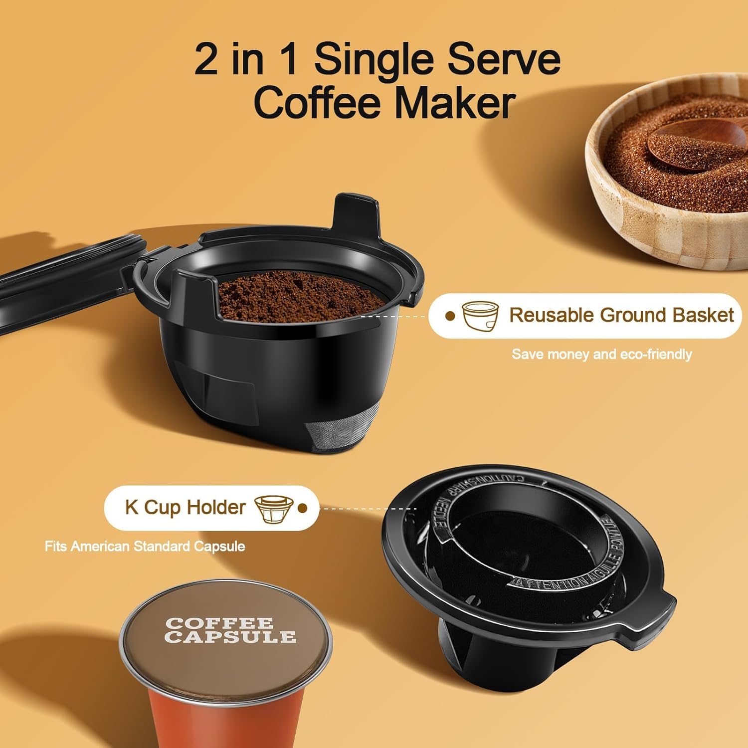 Cafetera 2 en 1 de una sola porción, cafetera K Cup de 40 oz para cápsulas K Cup y café molido, cafetera de una sola taza con 5 tamaños de preparación de hasta 14 oz, cafetera de diseño compacto para viajes