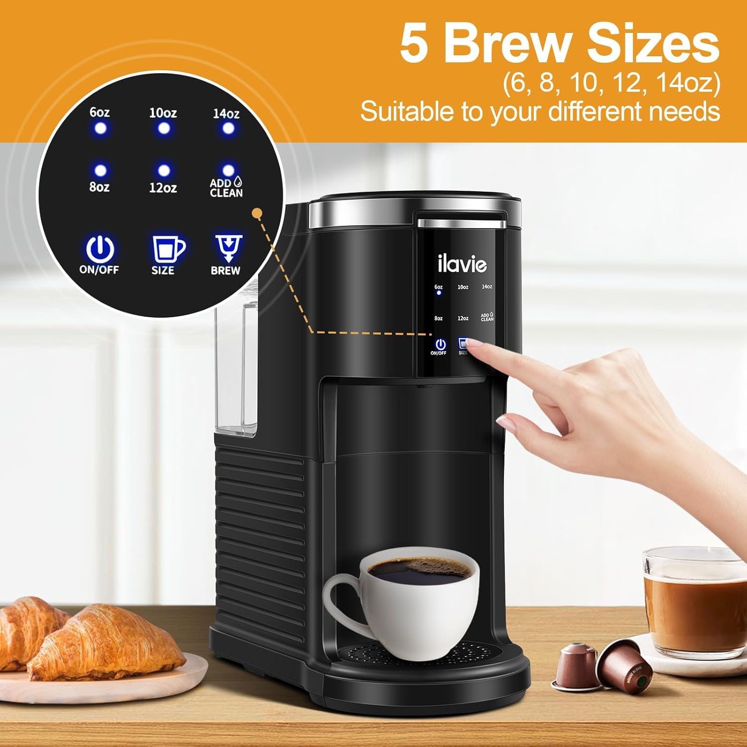 Cafetera 2 en 1 de una sola porción, cafetera K Cup de 40 oz para cápsulas K Cup y café molido, cafetera de una sola taza con 5 tamaños de preparación de hasta 14 oz, cafetera de diseño compacto para viajes