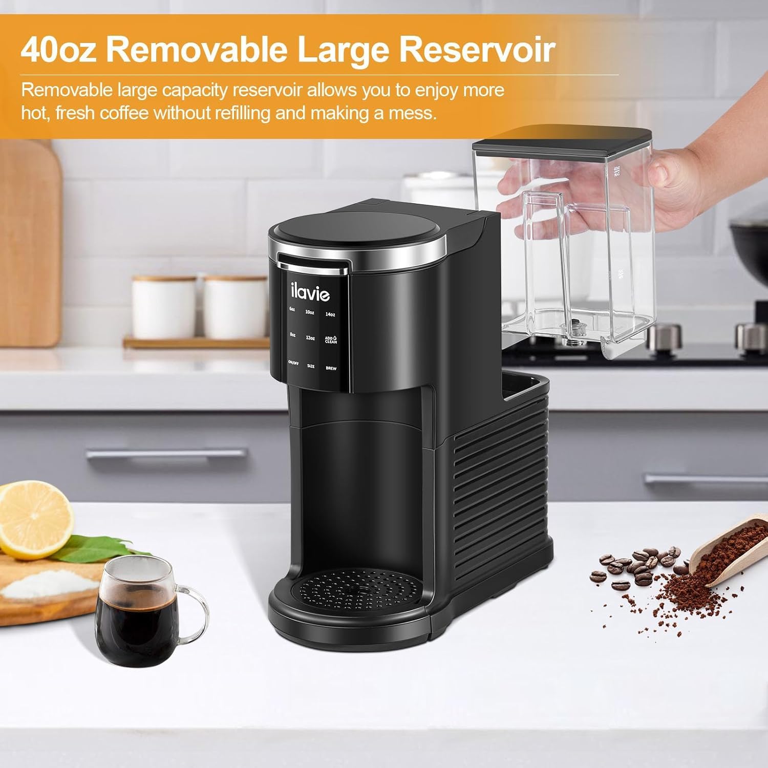 Cafetera 2 en 1 de una sola porción, cafetera K Cup de 40 oz para cápsulas K Cup y café molido, cafetera de una sola taza con 5 tamaños de preparación de hasta 14 oz, cafetera de diseño compacto para viajes