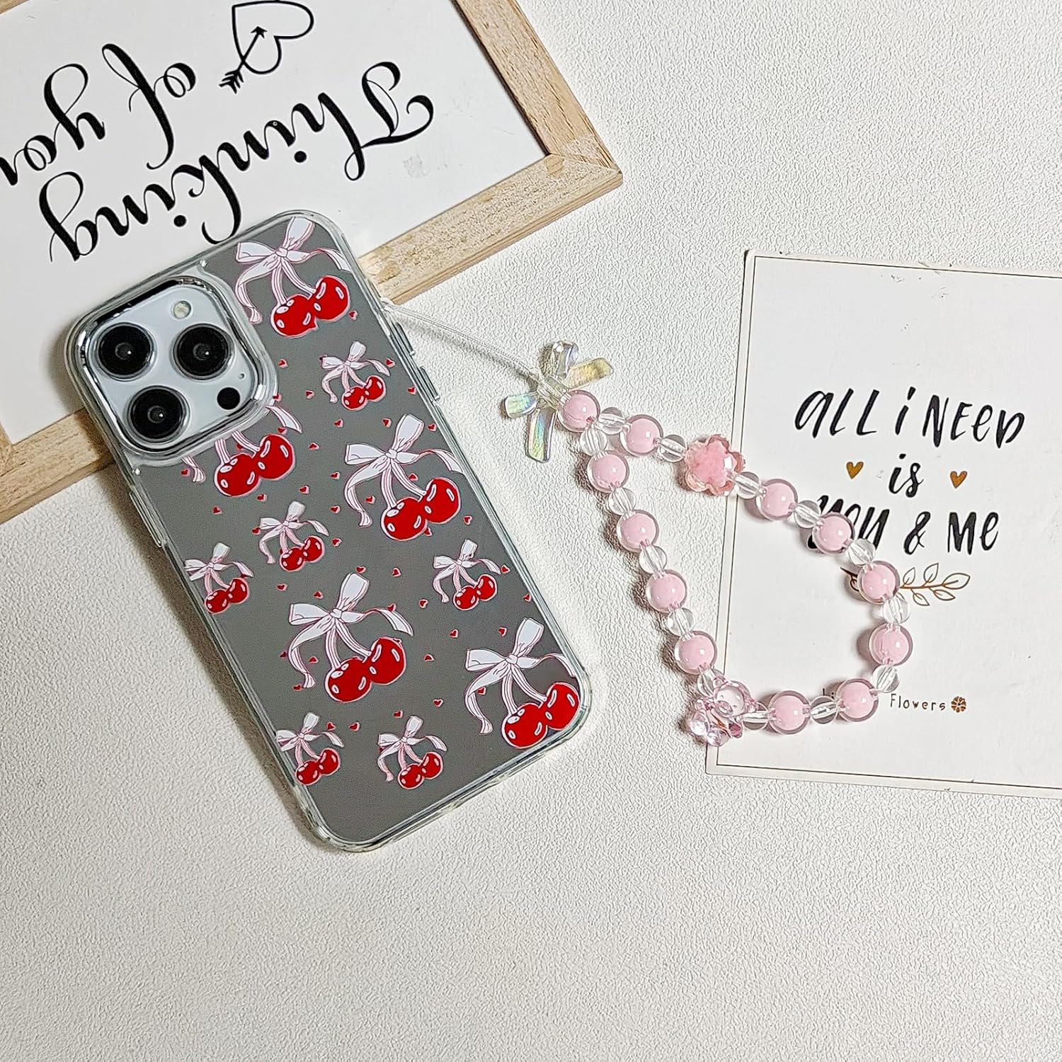 Compatible with iPhone 14 Pro Bow Cherry Case,Cute Mirror Back Pink Bow Pattern with Pearl Wrist Strap Bracelet Chain for Women Girls Silicone Shockproof Case for iPhone 14 Pro-Pink · v2
