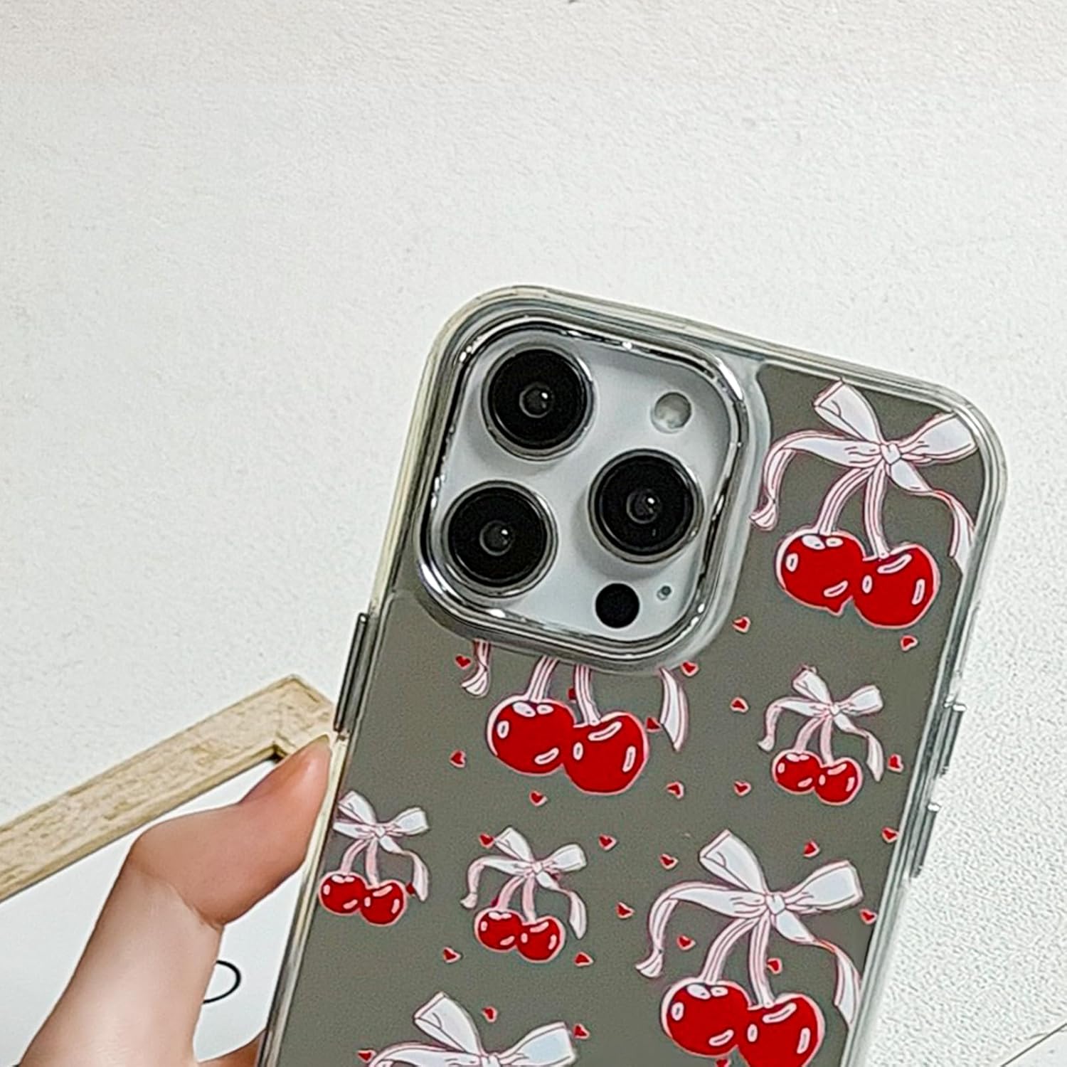 Compatible with iPhone 14 Pro Bow Cherry Case,Cute Mirror Back Pink Bow Pattern with Pearl Wrist Strap Bracelet Chain for Women Girls Silicone Shockproof Case for iPhone 14 Pro-Pink · v2