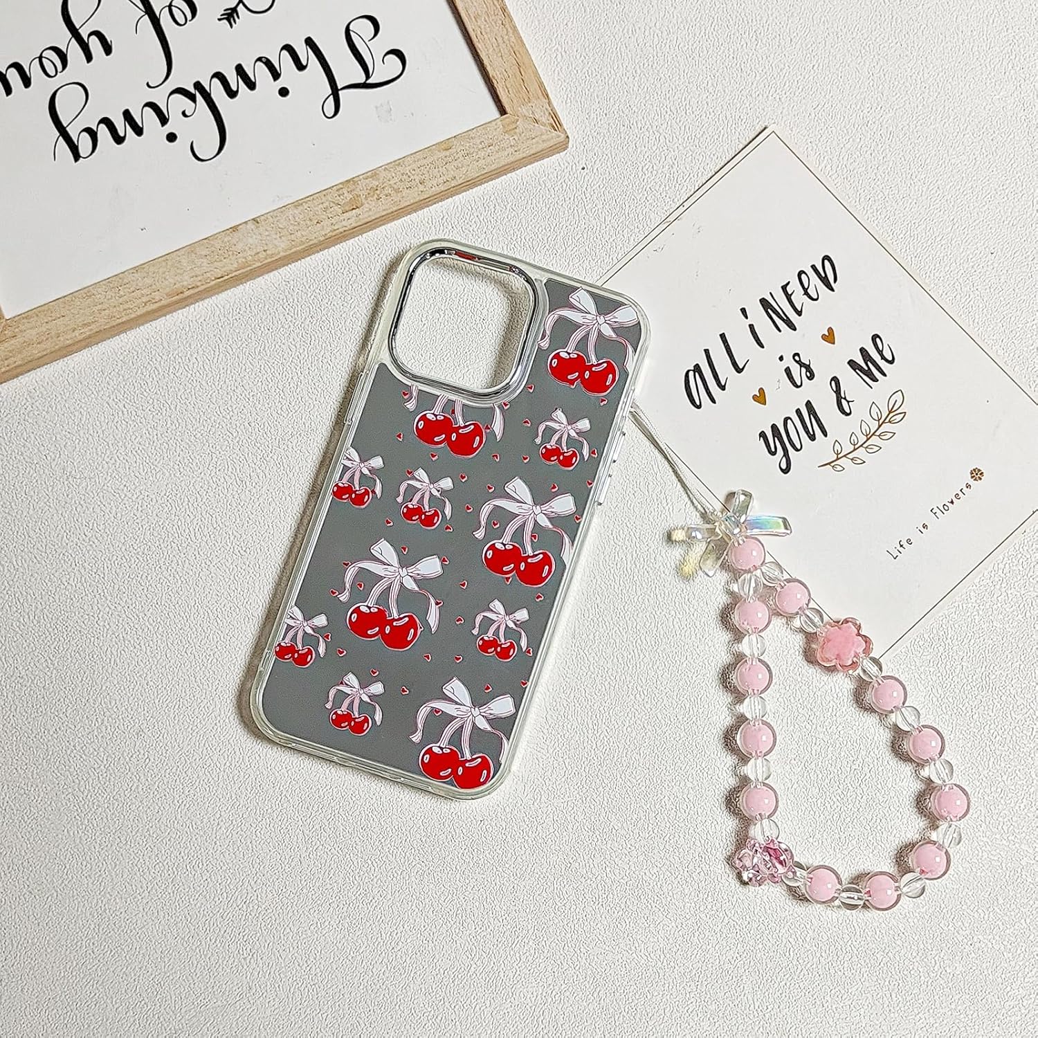 Compatible with iPhone 14 Pro Bow Cherry Case,Cute Mirror Back Pink Bow Pattern with Pearl Wrist Strap Bracelet Chain for Women Girls Silicone Shockproof Case for iPhone 14 Pro-Pink · v2