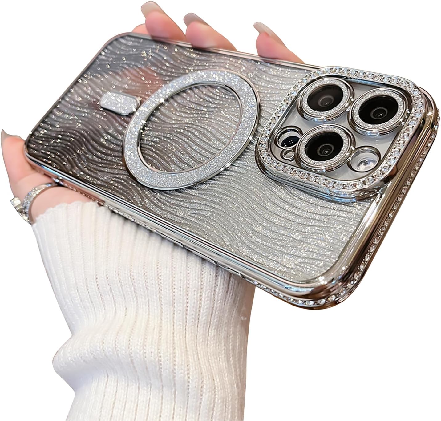 for iPhone 15 Pro Max Case,Luxury Plating Glitter Bling Sparkly Diamond Rhinestone Cover with Camera Protector and Magsafe for Women Girl Silicone Shockproof Case for iPhone 15 Pro Max -Silvery · v2