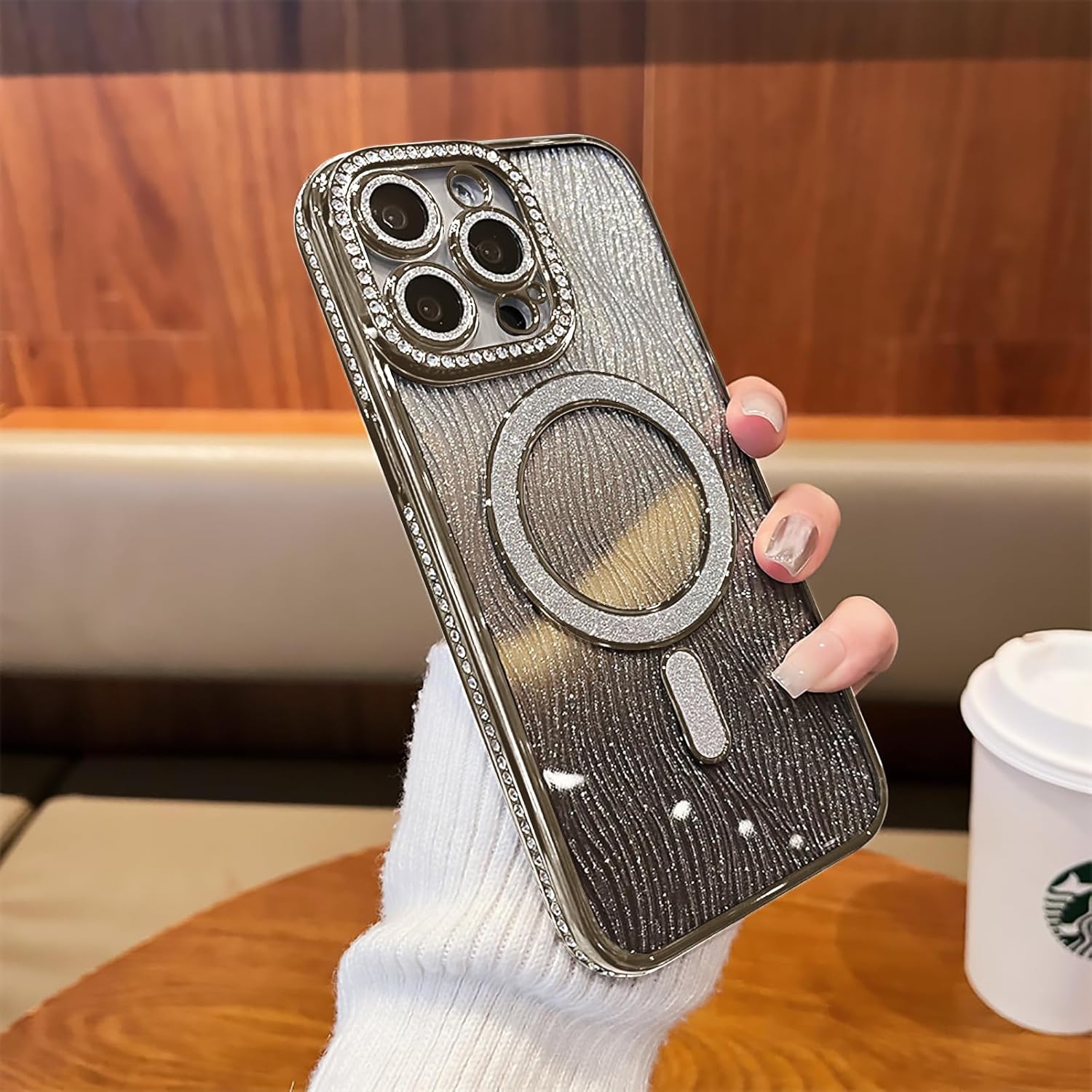 for iPhone 15 Pro Max Case,Luxury Plating Glitter Bling Sparkly Diamond Rhinestone Cover with Camera Protector and Magsafe for Women Girl Silicone Shockproof Case for iPhone 15 Pro Max -Silvery · v2