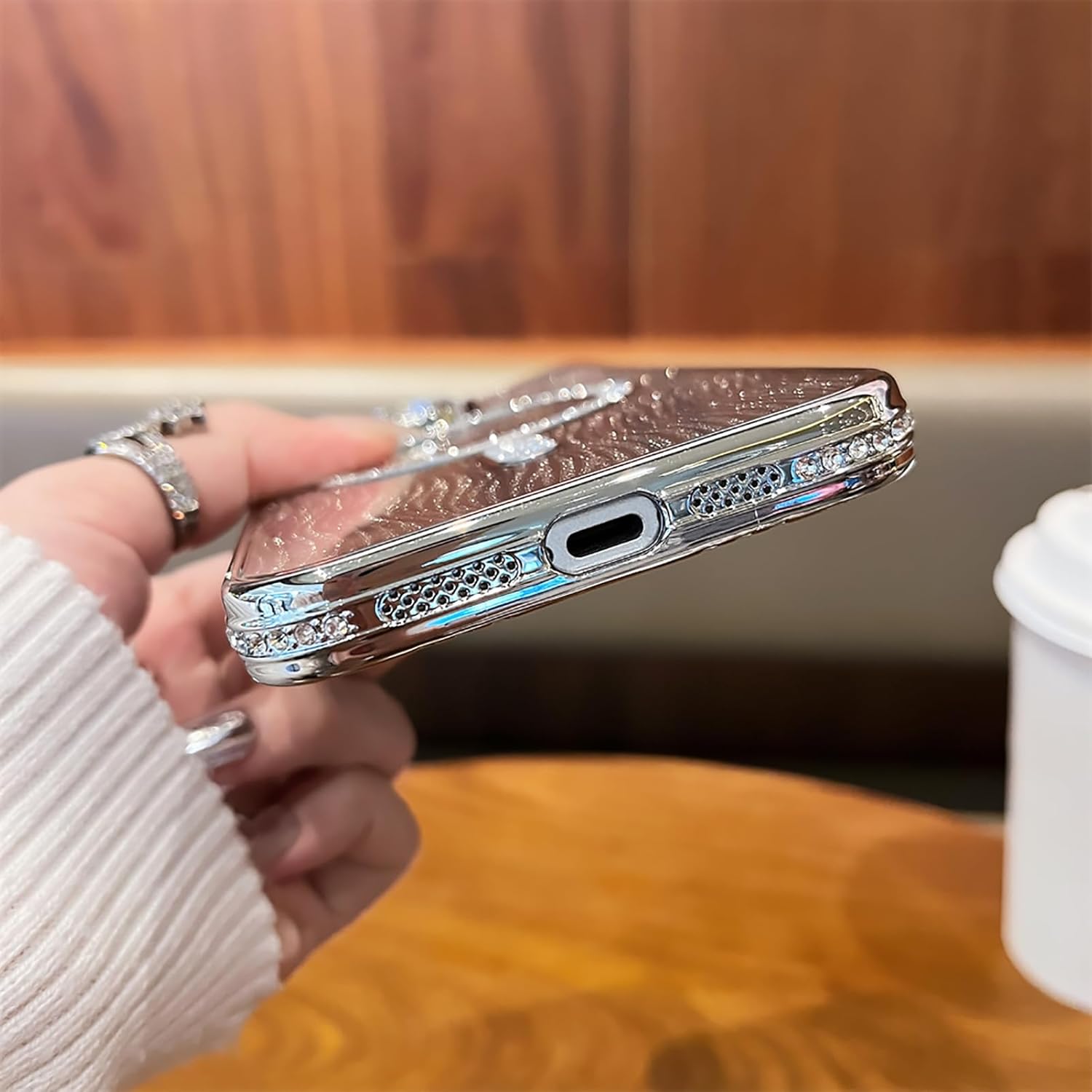 for iPhone 15 Pro Max Case,Luxury Plating Glitter Bling Sparkly Diamond Rhinestone Cover with Camera Protector and Magsafe for Women Girl Silicone Shockproof Case for iPhone 15 Pro Max -Silvery · v2