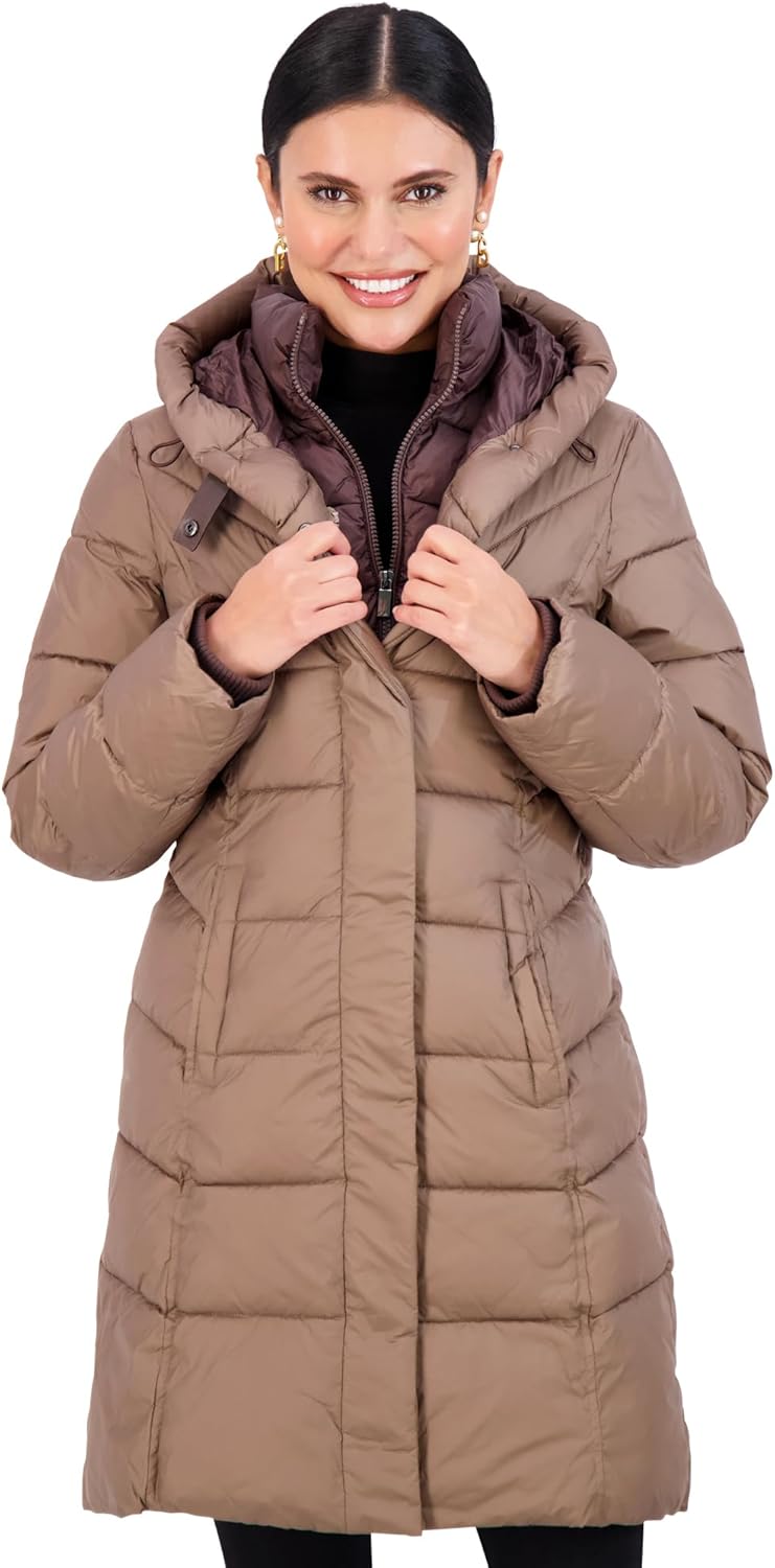 Jones NY Hooded Womens Puffer Jacket with Pillow Collar Bib, Womens Winter Coat, Black