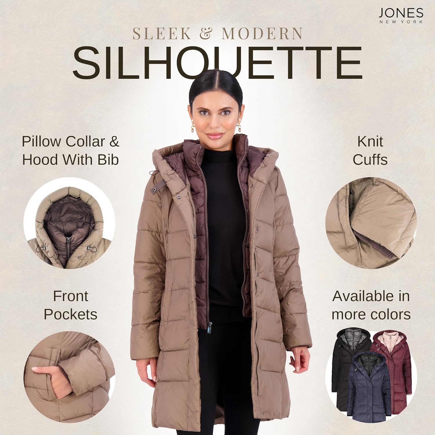 Jones NY Hooded Womens Puffer Jacket with Pillow Collar Bib, Womens Winter Coat, Black · v9