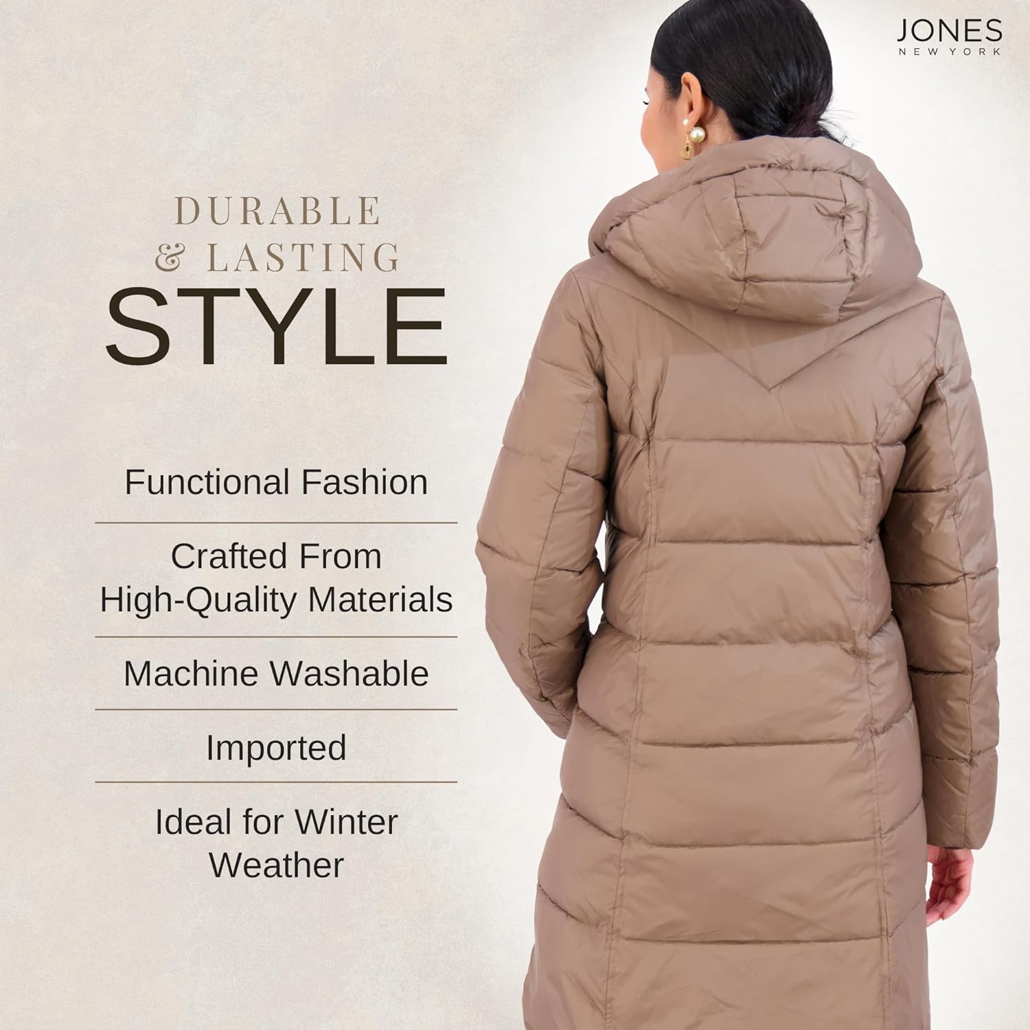 Jones NY Hooded Womens Puffer Jacket with Pillow Collar Bib, Womens Winter Coat, Black · v9