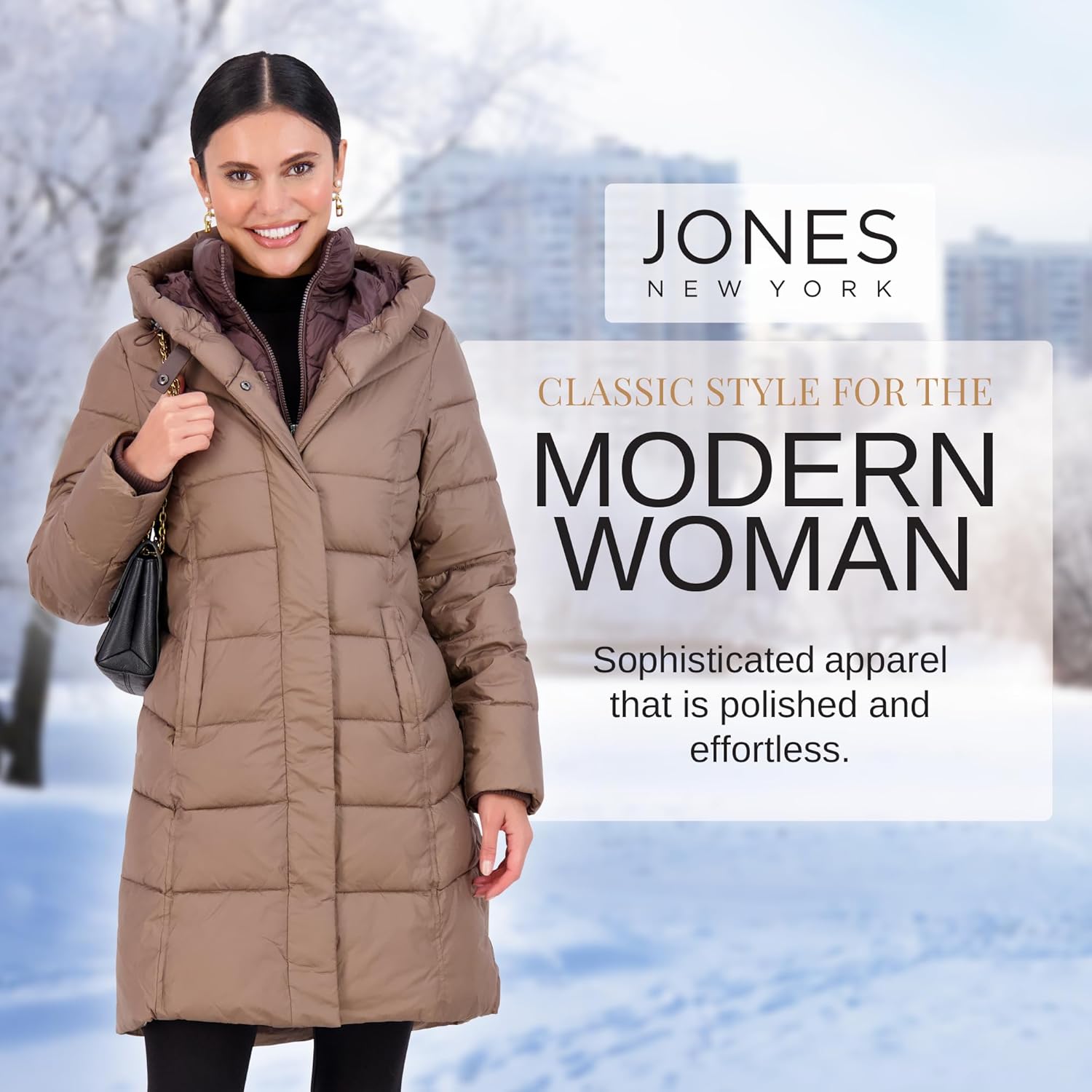 Jones NY Hooded Womens Puffer Jacket with Pillow Collar Bib, Womens Winter Coat, Black · v9