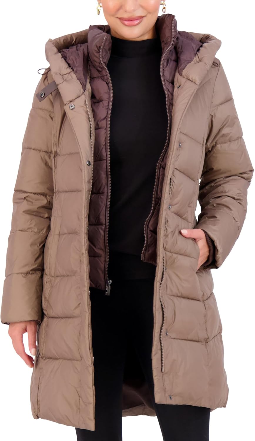 Jones NY Hooded Womens Puffer Jacket with Pillow Collar Bib, Womens Winter Coat, Black · v9