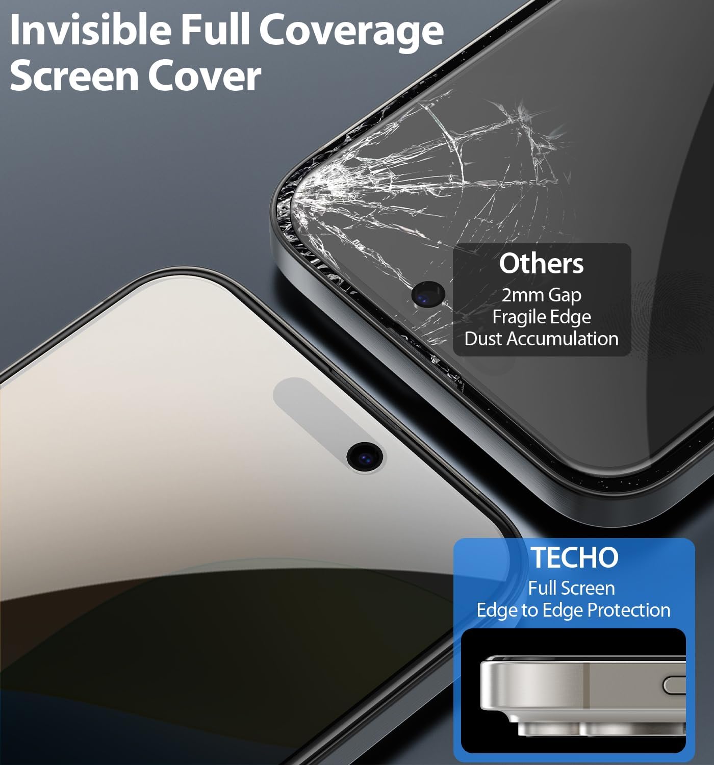 TECHO Privacy Displayschutz für iPhone 16 Pro Max, Hartglasfolie, vollständige Abdeckung von Rand zu Rand, Anti-Spy Private, Härtegrad 9H, 2er-Pack, 6,9 Zoll