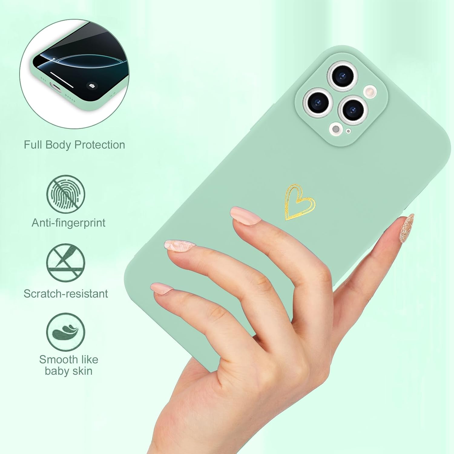 for iPhone 16 Pro Case Cute Slim Shockproof Phone Case with Wireless Charging Support and Protection, Mint Green