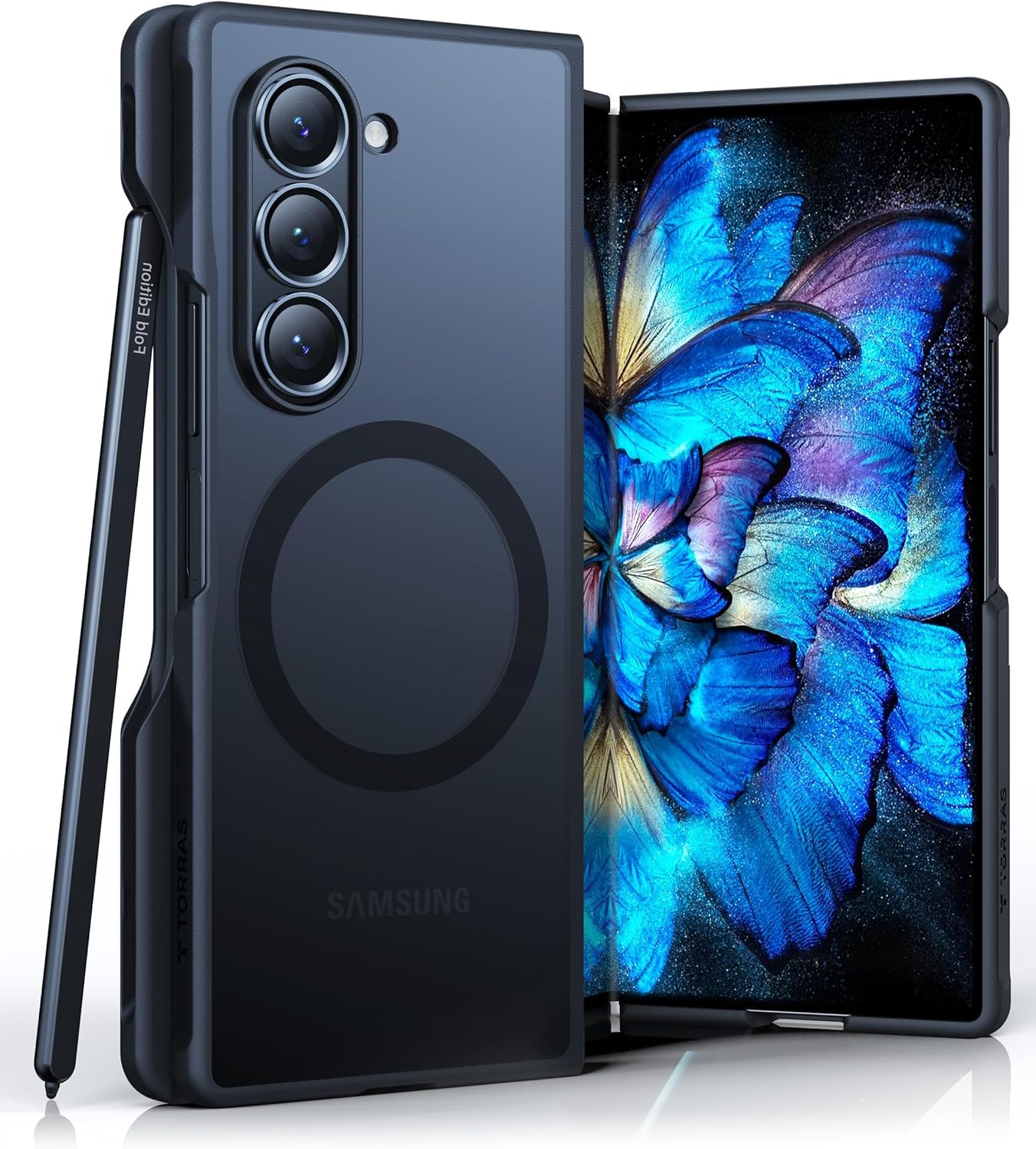TORRAS Upgraded Magnetic Shockproof for Samsung Galaxy Z Fold 6 Case with S Pen Holder, [Compatible with Magsafe] [Military Grade Drop Tested] Translucent Slim Phone Case for Samsung Z Fold 6, Black