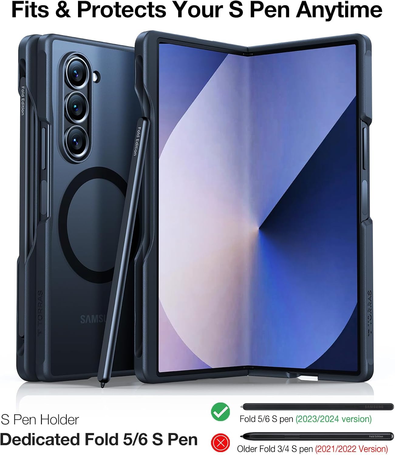TORRAS Upgraded Magnetic Shockproof for Samsung Galaxy Z Fold 6 Case with S Pen Holder, [Compatible with Magsafe] [Military Grade Drop Tested] Translucent Slim Phone Case for Samsung Z Fold 6, Black · v2