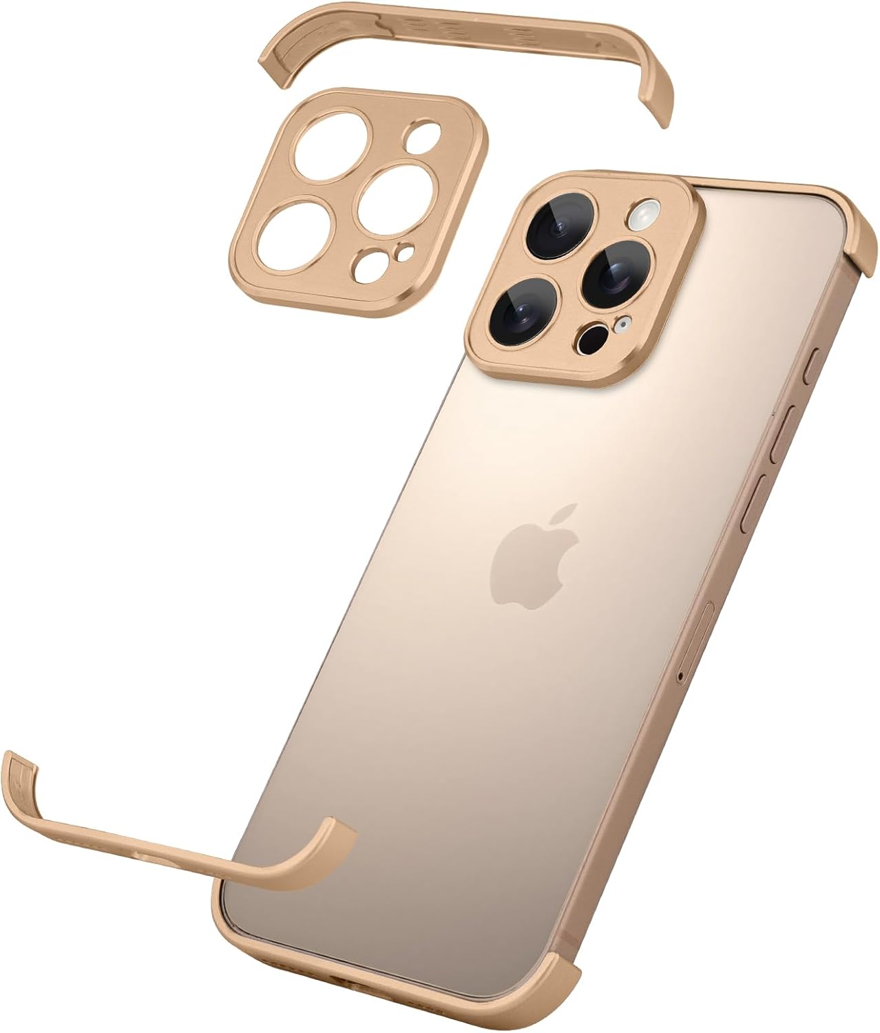 Metal Frameless Phone Case Compatible with iPhone 16 Pro Phone Models with Camera Lens Protector Metal Shockproof Phone Cover Minimalist Yet Protective Bumper Shell (Metal-Coppery Gold)