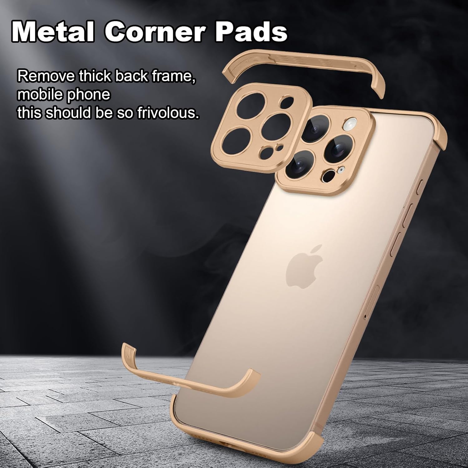 Metal Frameless Phone Case Compatible with iPhone 16 Pro Phone Models with Camera Lens Protector Metal Shockproof Phone Cover Minimalist Yet Protective Bumper Shell (Metal-Coppery Gold)