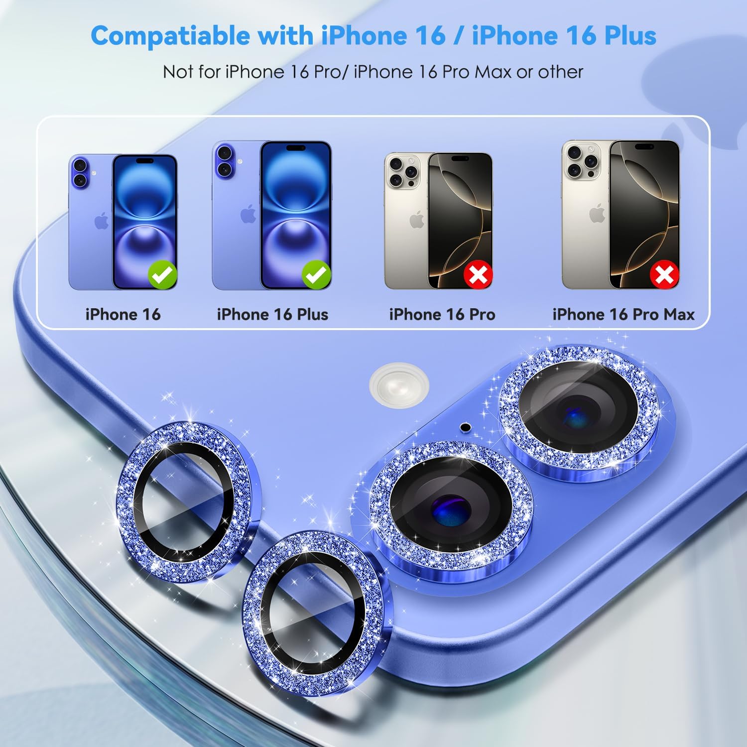 CloudValley [2 шт. в упаковке для iPhone 16 / iPhone 16 Plus, защитная накладка на объектив камеры, [блестящее украшение] защитное стекло Ultra-HD, металлическое защитное кольцо для экрана, аксессуары, блестящий ультрамарин
