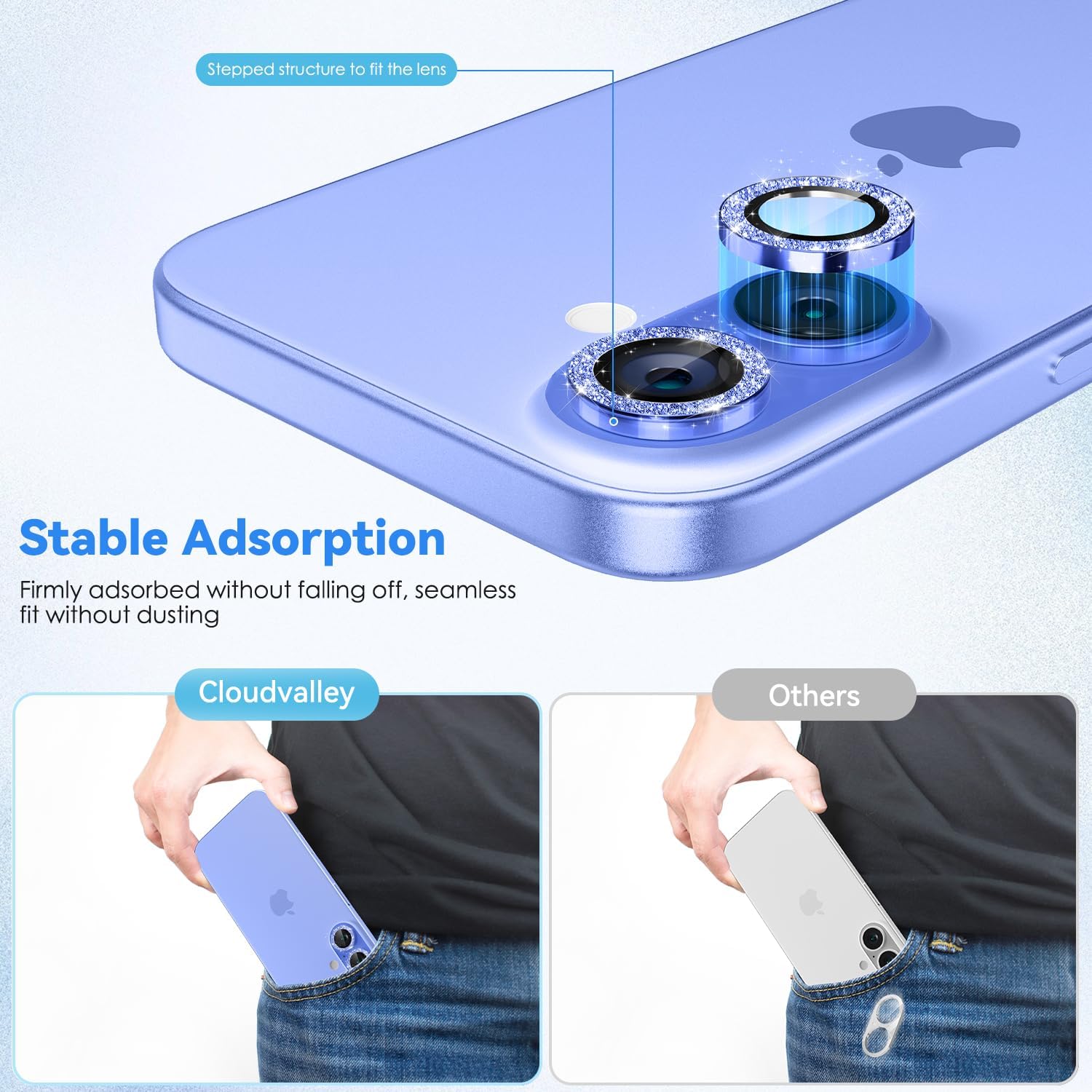 CloudValley [2 шт. в упаковке для iPhone 16 / iPhone 16 Plus, защитная накладка на объектив камеры, [блестящее украшение] защитное стекло Ultra-HD, металлическое защитное кольцо для экрана, аксессуары, блестящий ультрамарин
