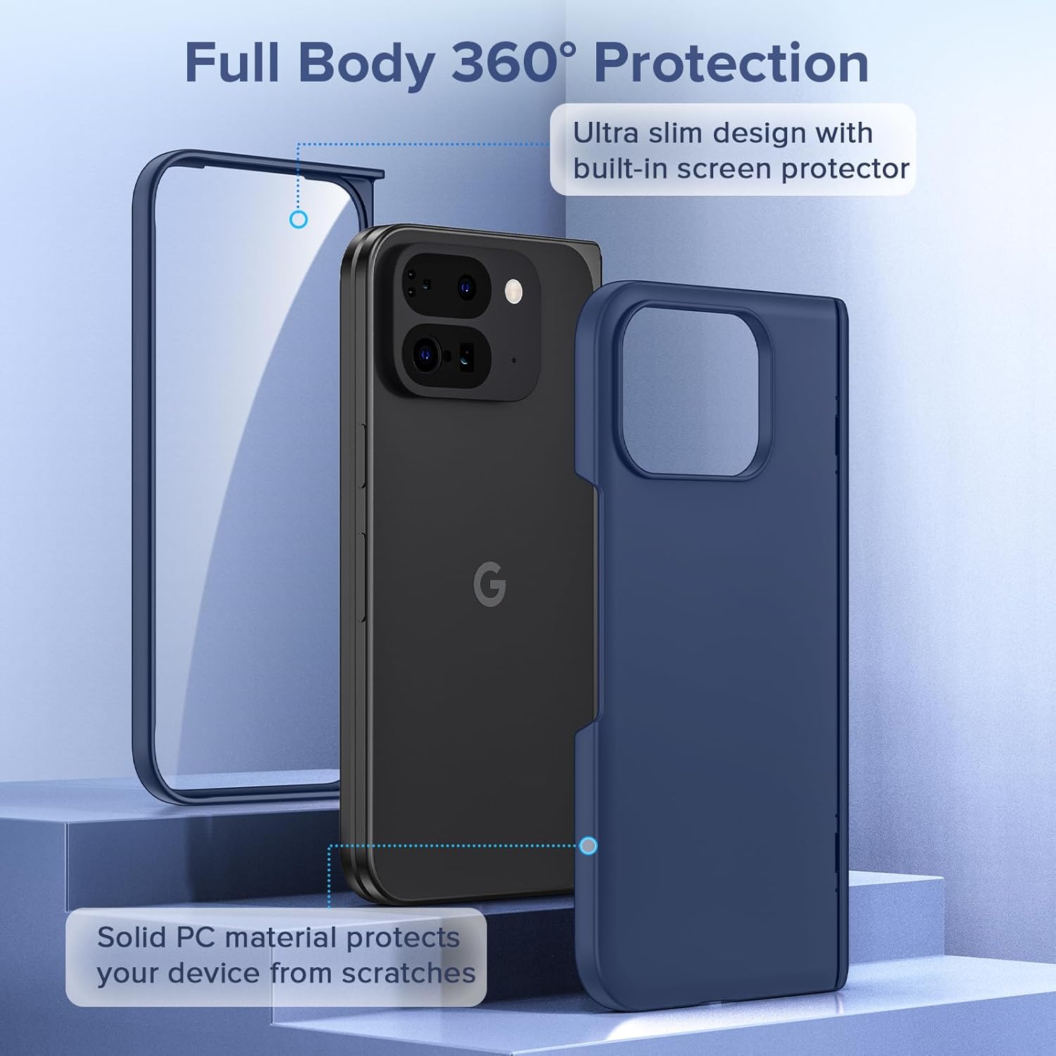 VEGO for Pixel 9 Pro Fold Case [Hinge Protection  Built-in Screen Protector], Rugged Hard Shell Anti-Scratch Shockproof Full-Body Protection Slim Fit Phone Case for Googel Pixel 9 Pro Fold 2024-Blue · v9