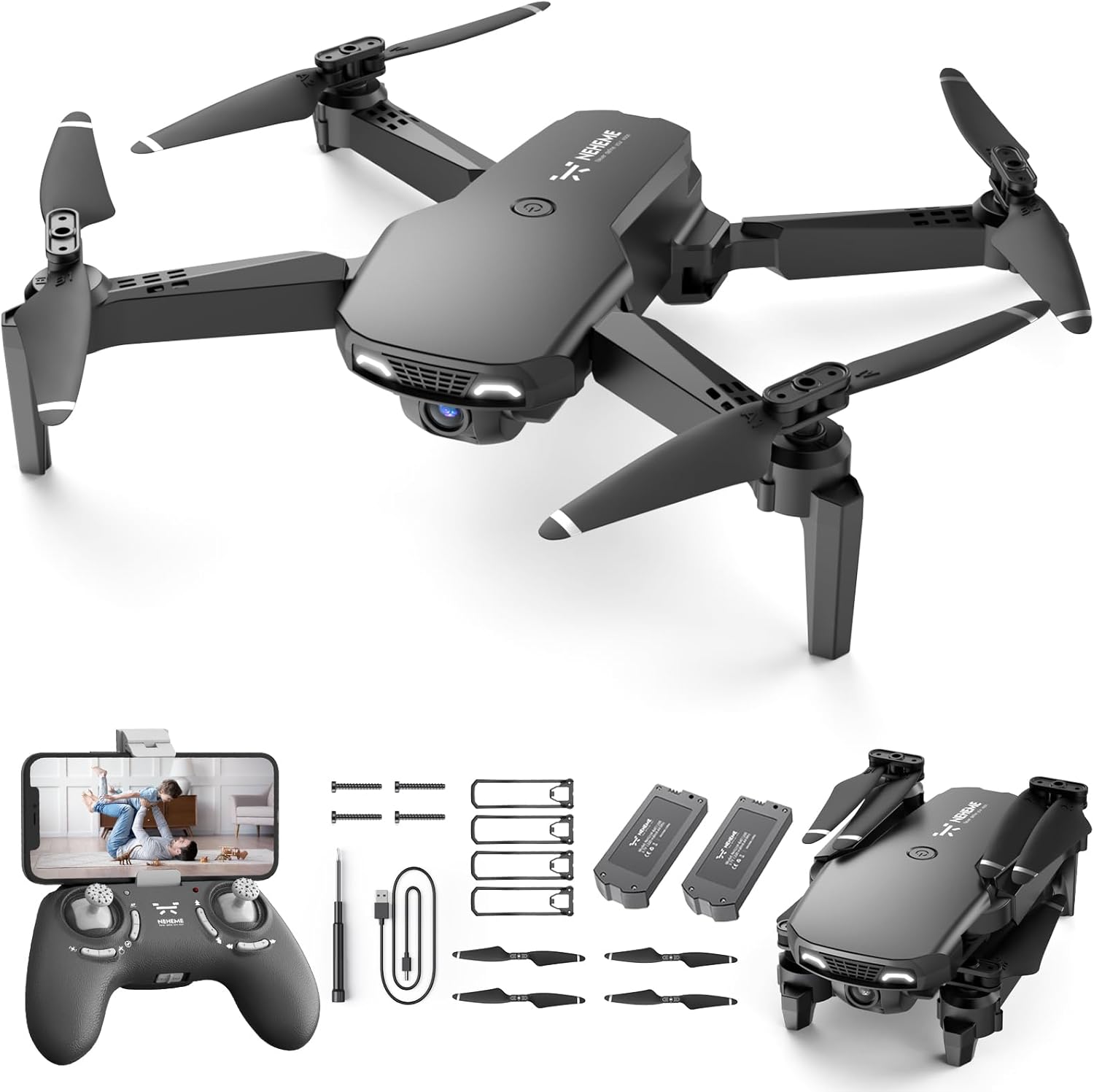 Droni per bambini con fotocamera - Elicottero telecomandato, giocattoli, regali per ragazzi e ragazze, mini drone FPV HD 1080P per adulti, quadricottero RC con un tasto Start/Land, Altitude Hold, Gesture Selfie, 2 batterie