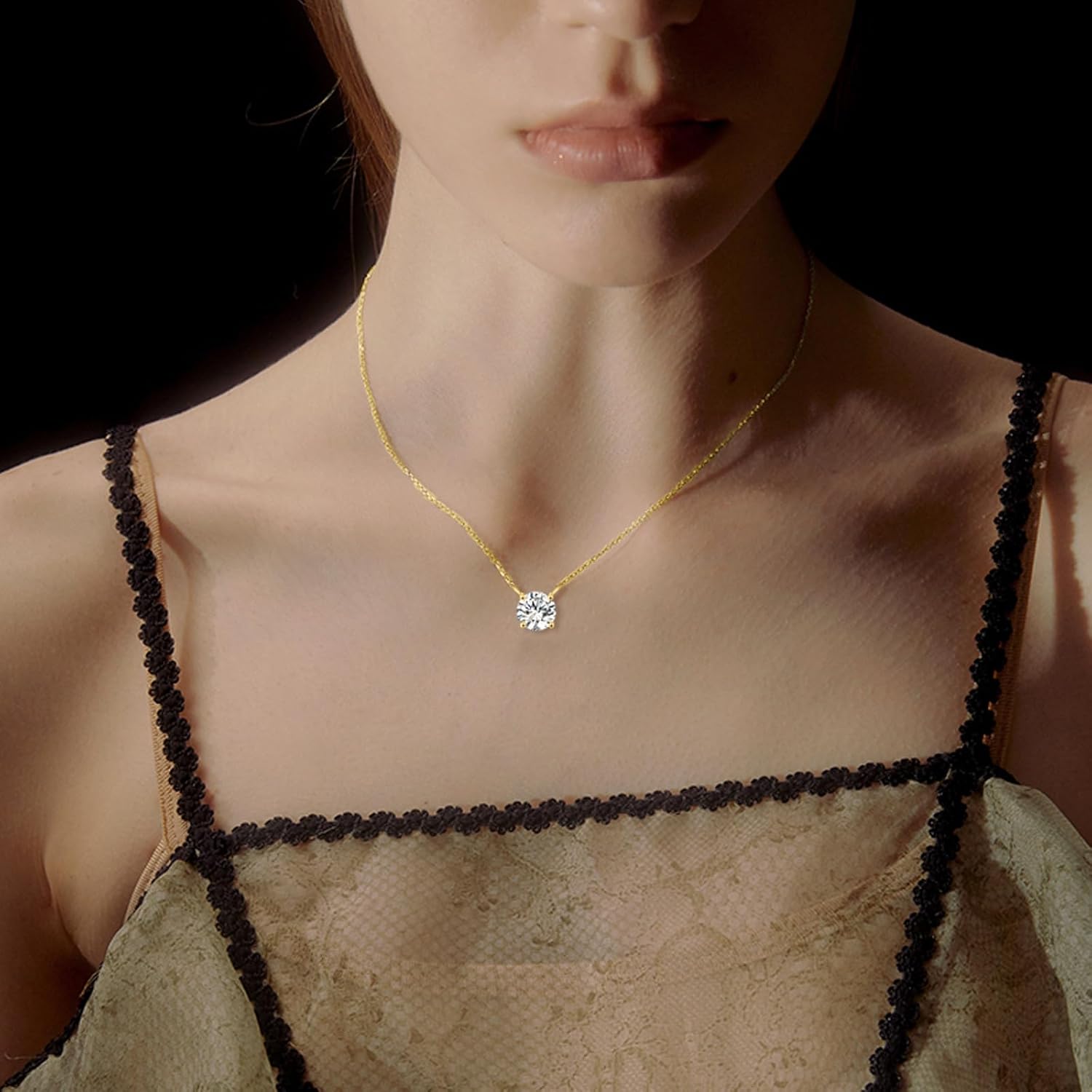 14K Real Gold Moissanite Necklace Round Cut Moissanite Solitaire Simulated Diamond Pendant Necklace for Women, Birthday Graduation Valentines Day Gift for Her Mom, Available in 0.5-2CT, 16 2 Inches · v4