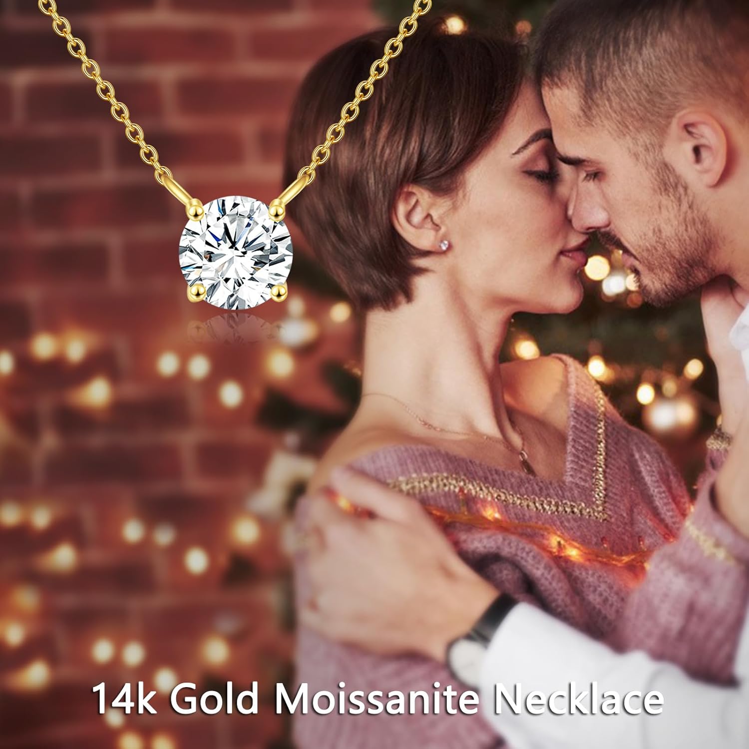 14K Real Gold Moissanite Necklace Round Cut Moissanite Solitaire Simulated Diamond Pendant Necklace for Women, Birthday Graduation Valentines Day Gift for Her Mom, Available in 0.5-2CT, 16 2 Inches · v4