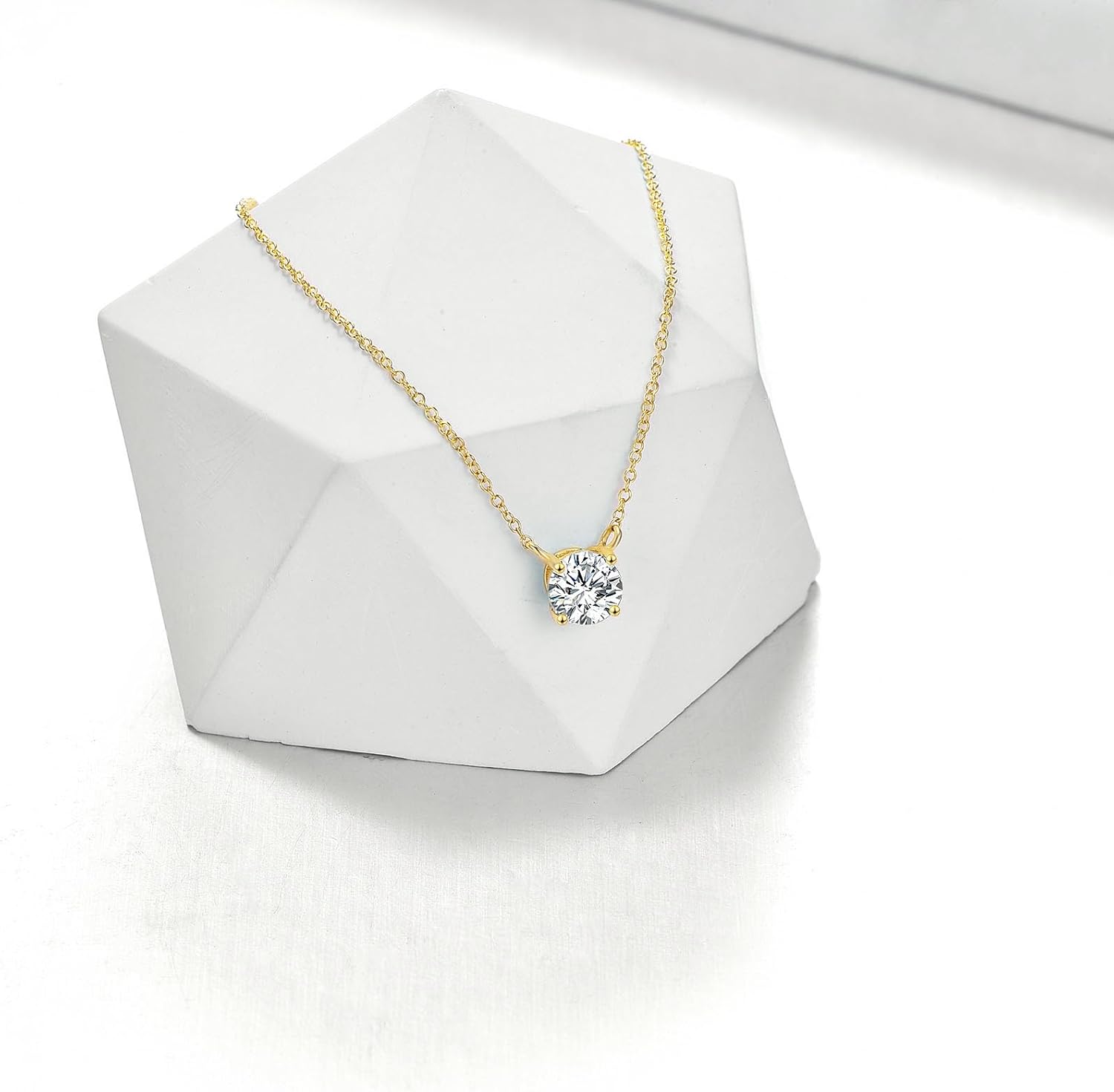 14K Real Gold Moissanite Necklace Round Cut Moissanite Solitaire Simulated Diamond Pendant Necklace for Women, Birthday Graduation Valentines Day Gift for Her Mom, Available in 0.5-2CT, 16 2 Inches · v4