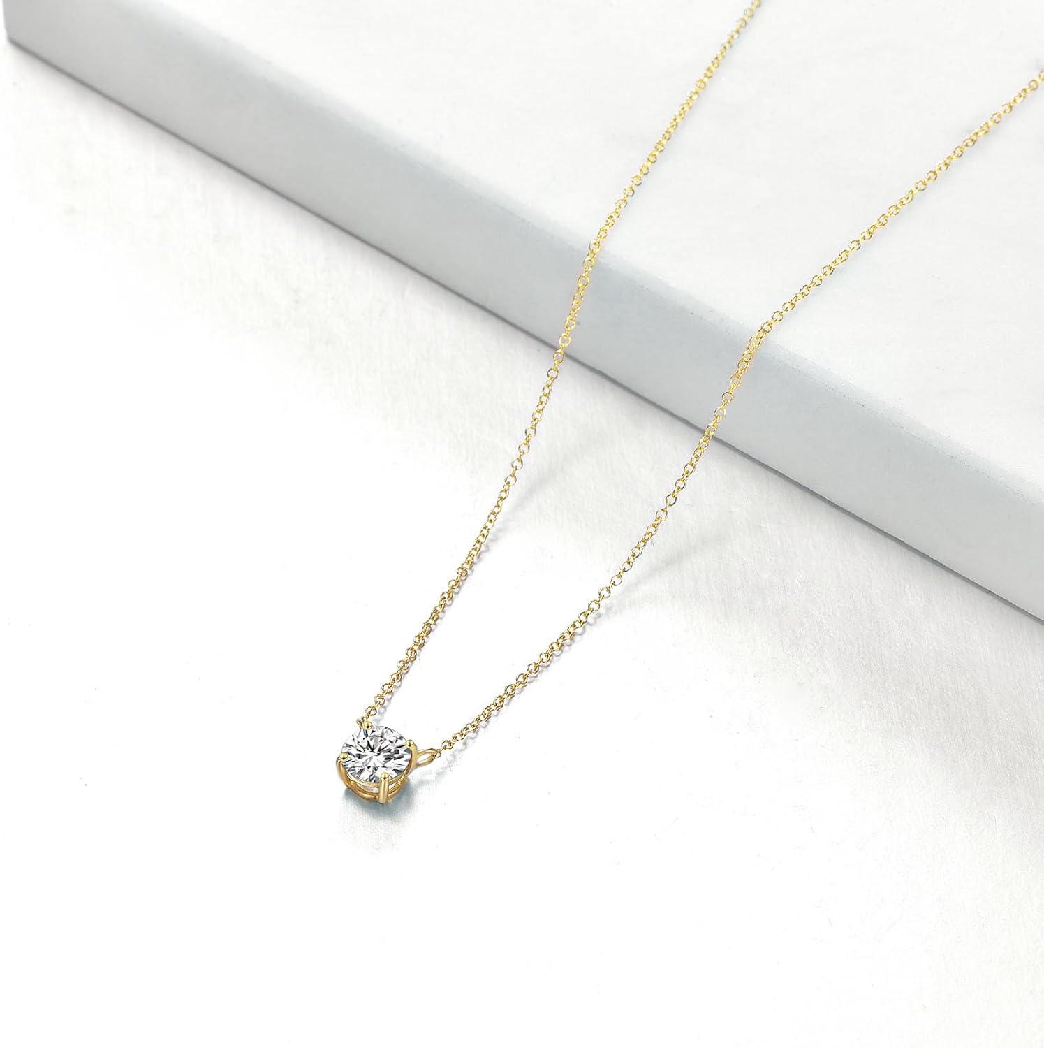 14K Real Gold Moissanite Necklace Round Cut Moissanite Solitaire Simulated Diamond Pendant Necklace for Women, Birthday Graduation Valentines Day Gift for Her Mom, Available in 0.5-2CT, 16 2 Inches · v4