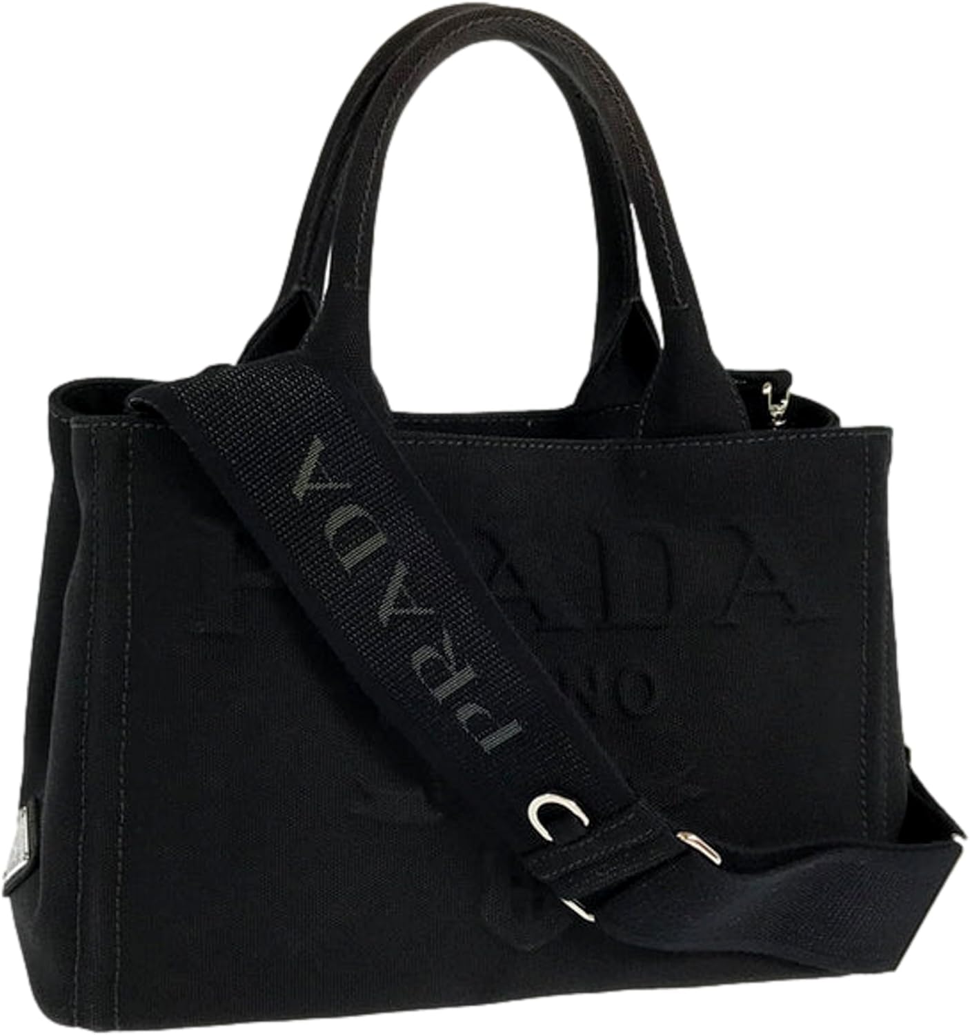 Сумка-тоут Prada Canvas, черная, серебристая фурнитура, регулируемый ремень