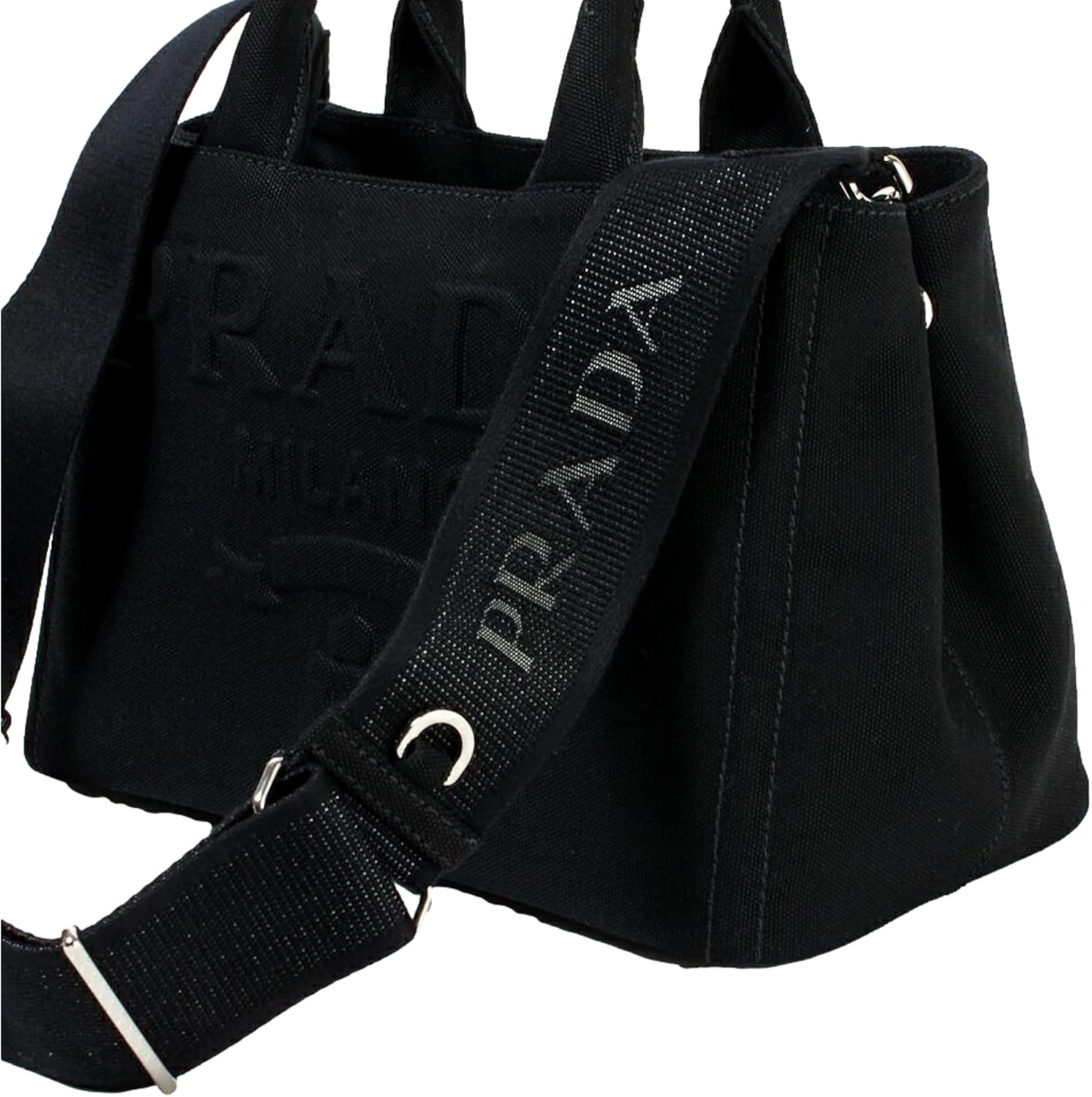 Сумка-тоут Prada Canvas, черная, серебристая фурнитура, регулируемый ремень
