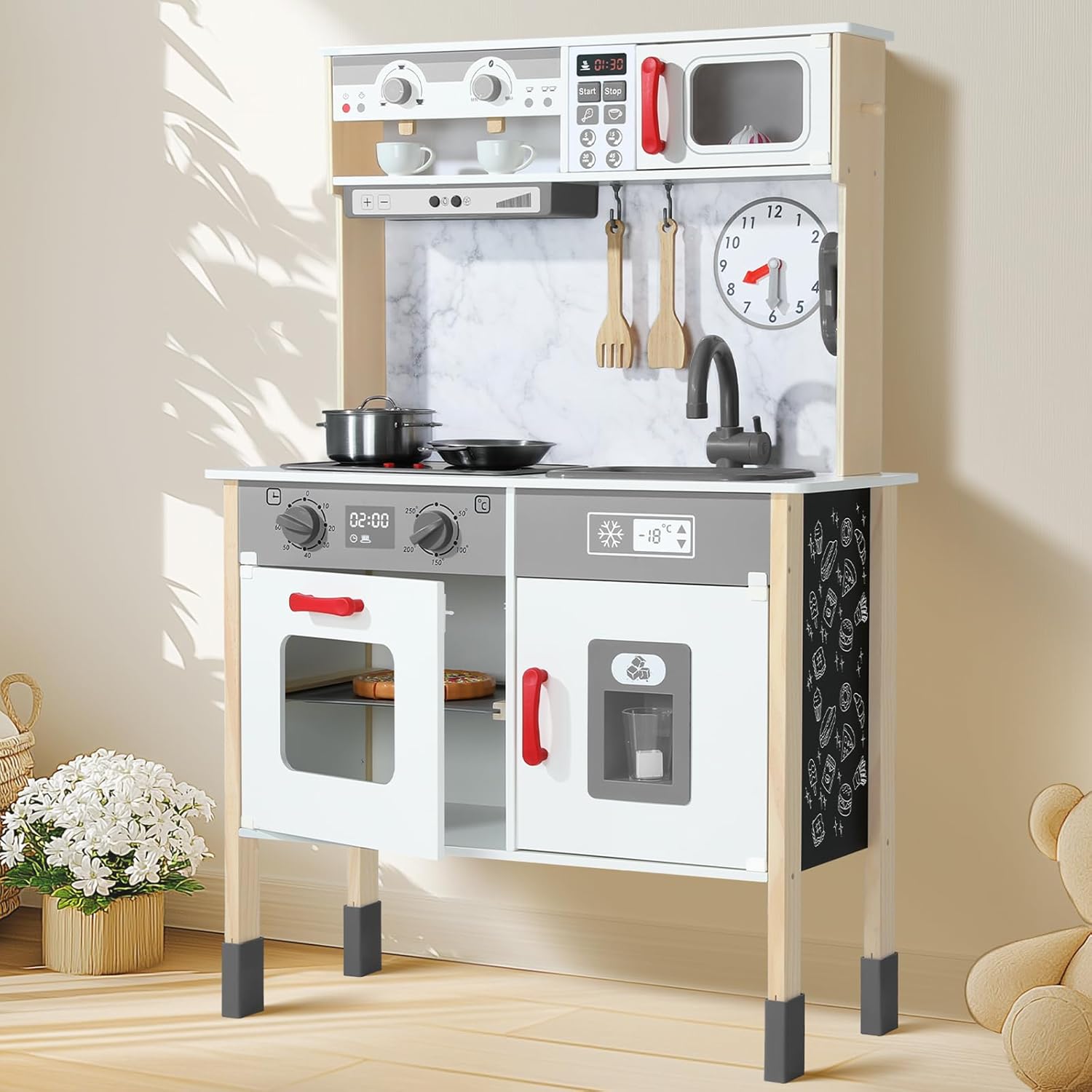 Play Kitchen Wooden Kids Kitchen Playset Toy Kitchen for Toddlers with Real Lights  Sounds, 3 Heights Adjustable, Chalkboard, 35Pcs Toy Food amp; Cookware Accessories-Gray